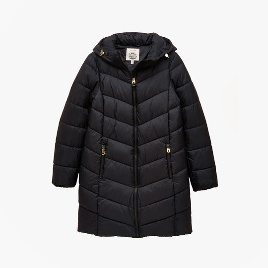 Joules MOORSDALE Womens Long Coat Navy front view showing zip closure and hood in water-resistant material.