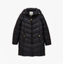 Joules MOORSDALE Womens Long Coat Navy front view showing zip closure and hood in water-resistant material.