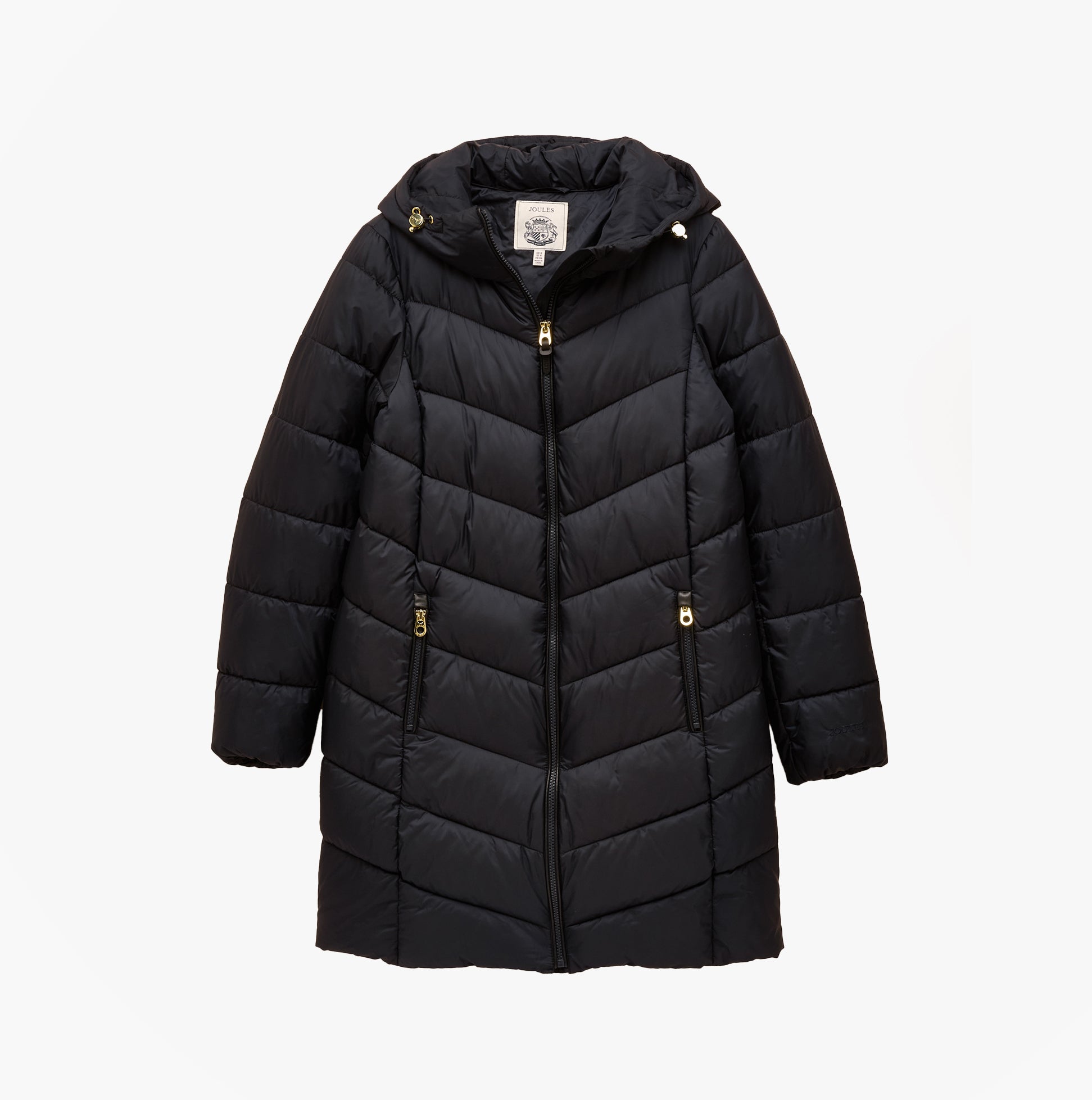 Joules MOORSDALE Womens Long Coat Navy front view showing zip closure and hood in water-resistant material.
