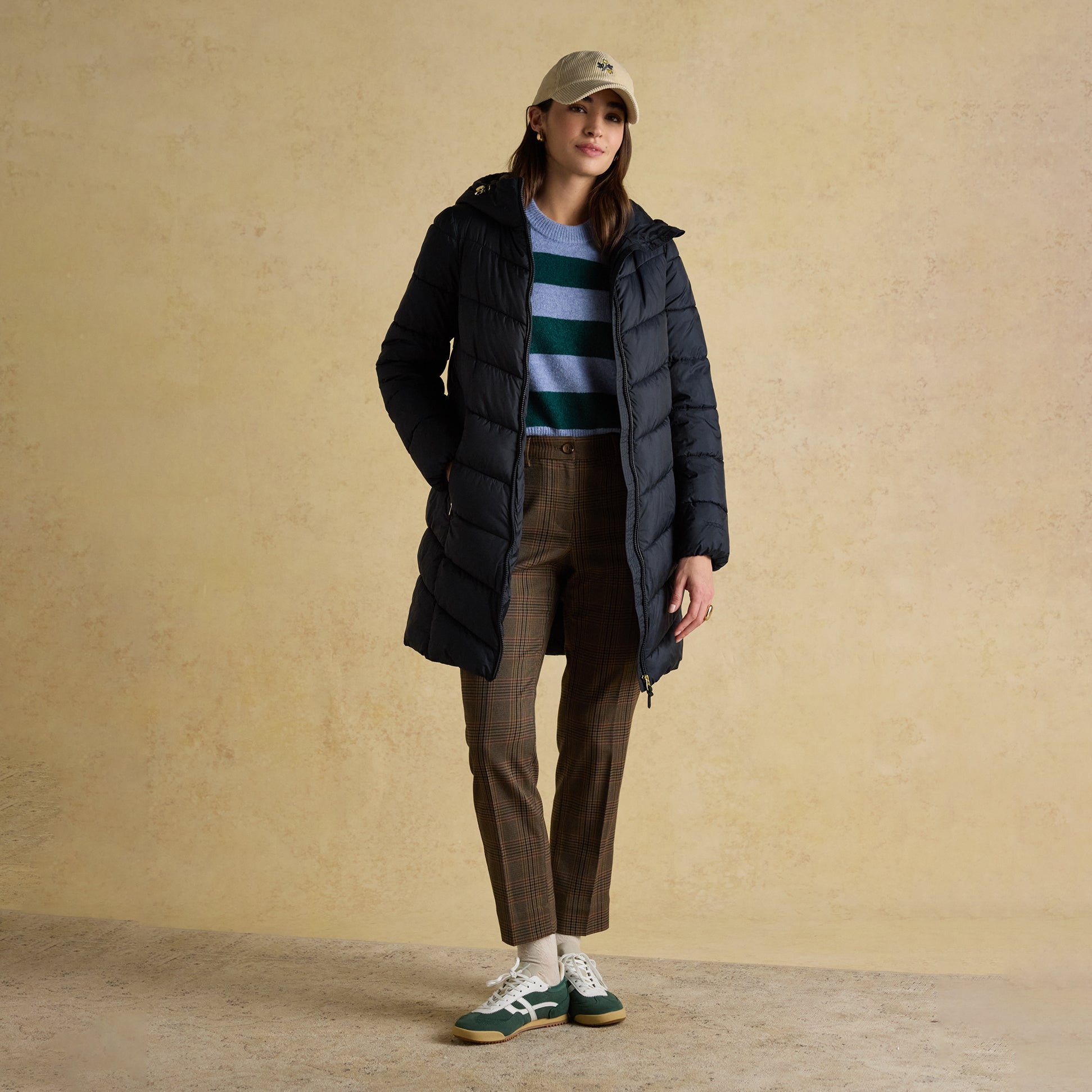 Joules MOORSDALE Womens Long Coat Navy front view, featuring a zip closure and water-resistant material.