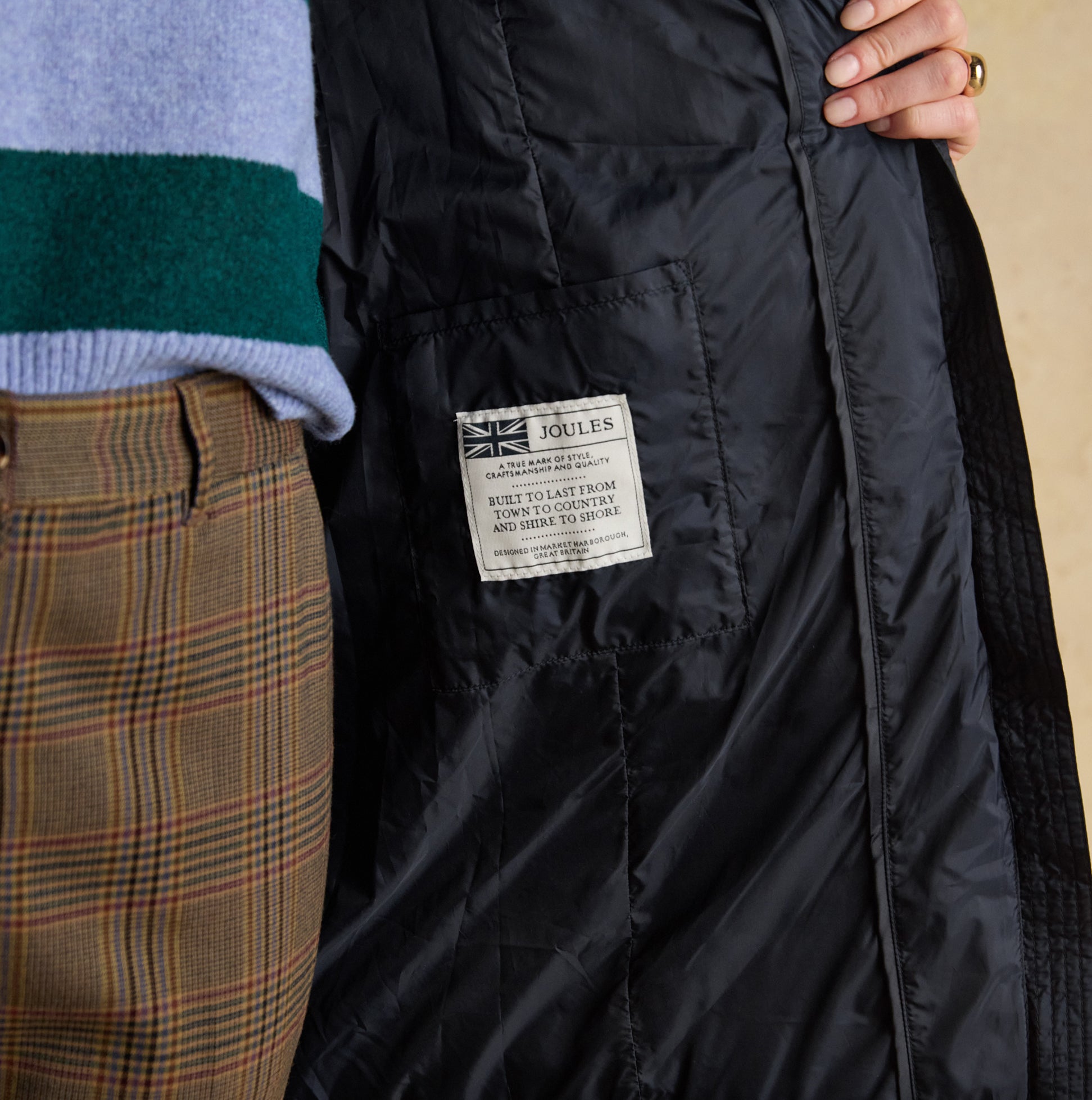 Joules MOORSDALE Womens Long Coat Navy interior detail view showcasing inner label and lining.