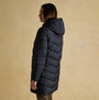 Joules MOORSDALE Womens Long Coat Navy back view with hood, showcasing water-resistant recycled polyester material.