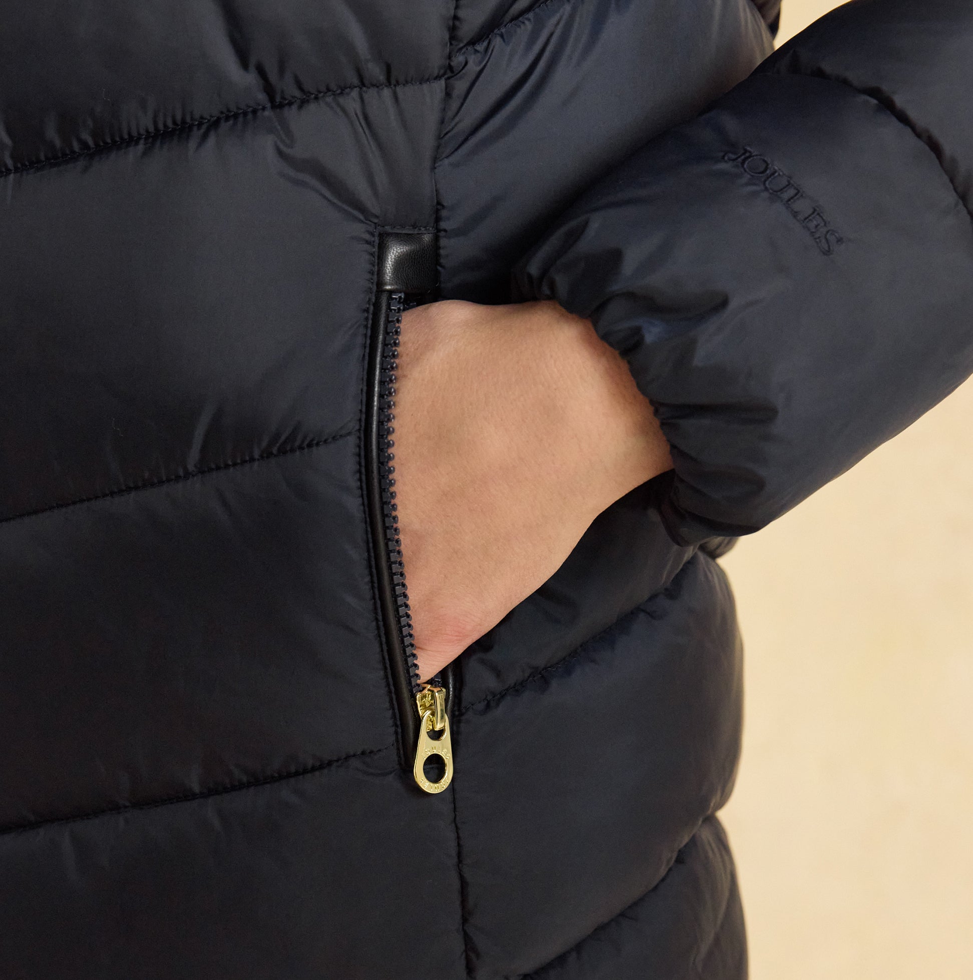 Joules MOORSDALE Womens Long Coat Navy detail view showing zip and pocket design.