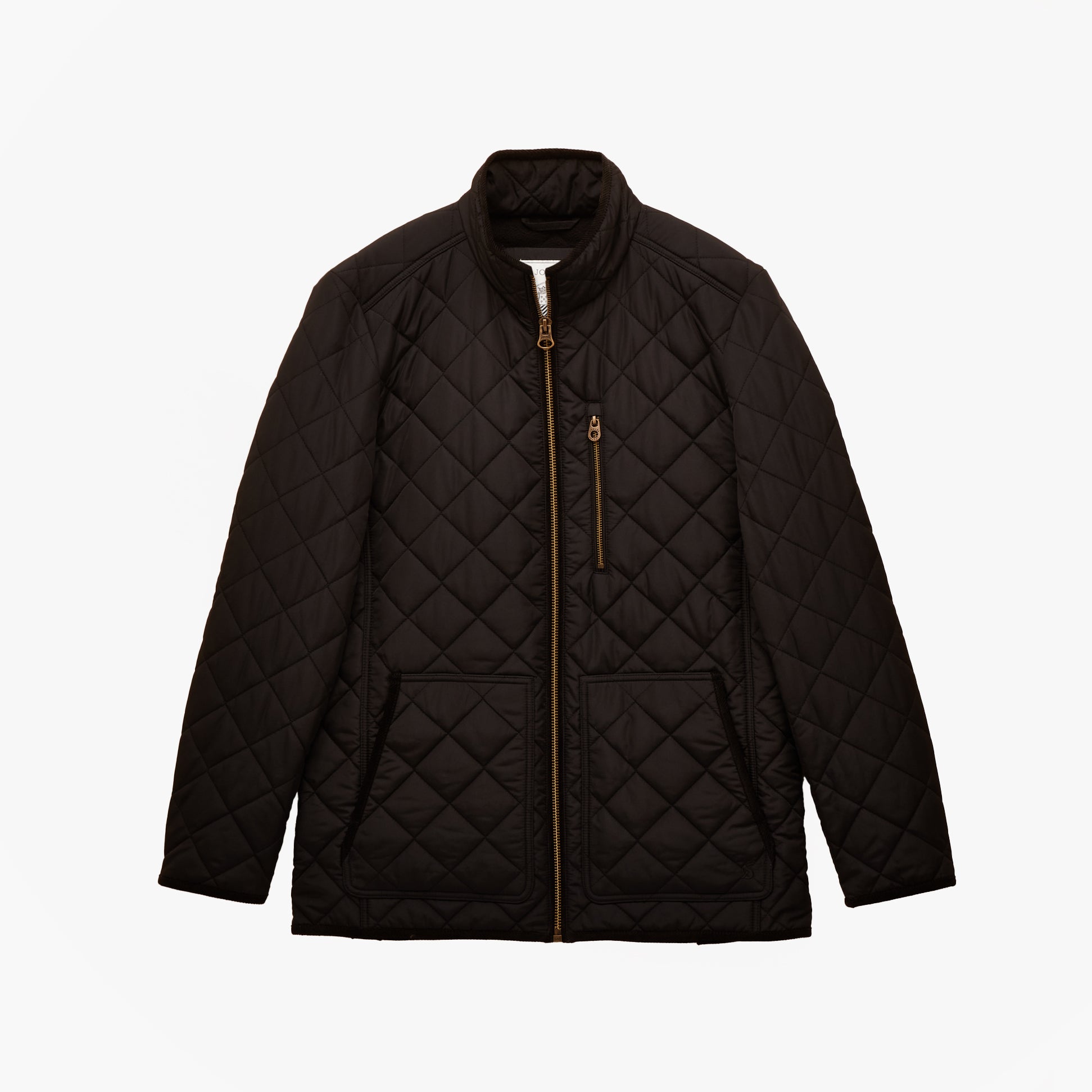 Joules MAYNARD Mens Diamond Quilted Jacket Black front view with zip closure and side pockets.