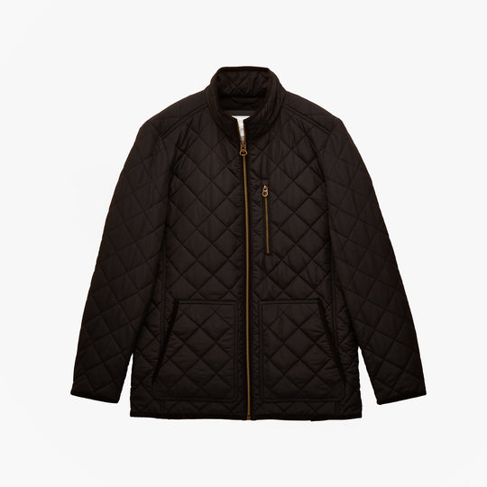 Joules MAYNARD Mens Diamond Quilted Jacket Black front view with zip closure and side pockets.