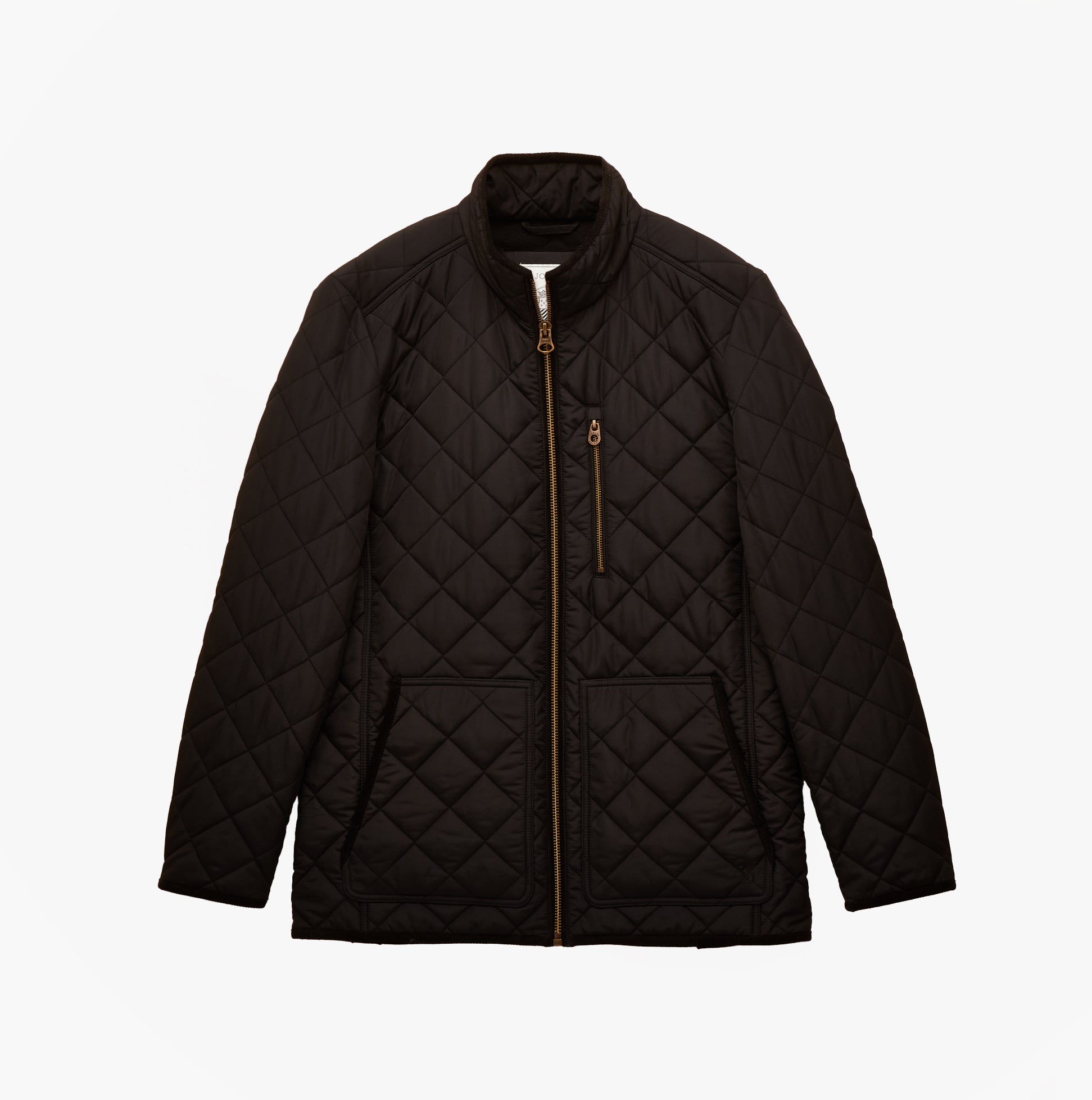 Joules MAYNARD Mens Diamond Quilted Jacket Black front view with zip closure and side pockets.