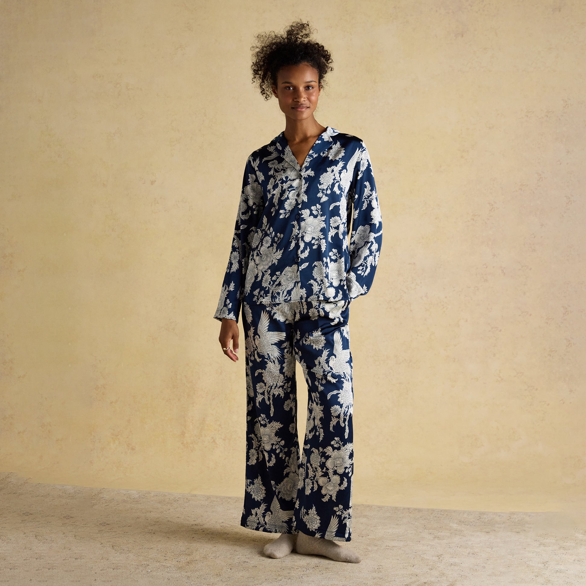 Joules BONNIE Womens Pyjama Set Navy Floral front view featuring floral design and comfortable fit.