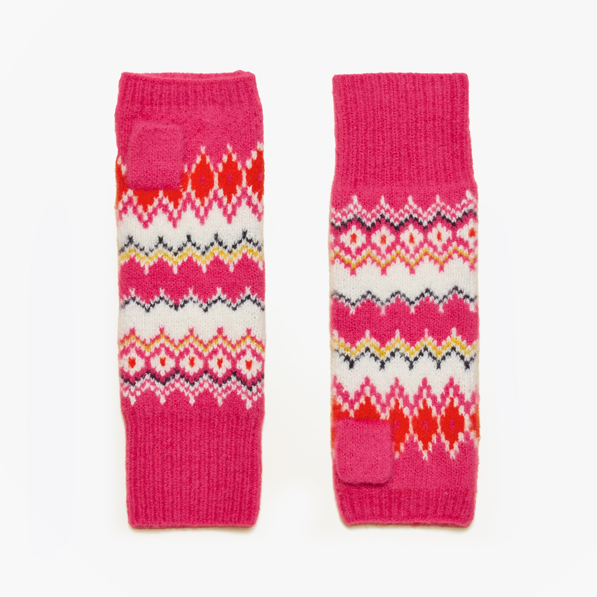 Joules KARA Fingerless Fairisle Glove Pink front view showcasing colorful Fairisle pattern and soft texture.