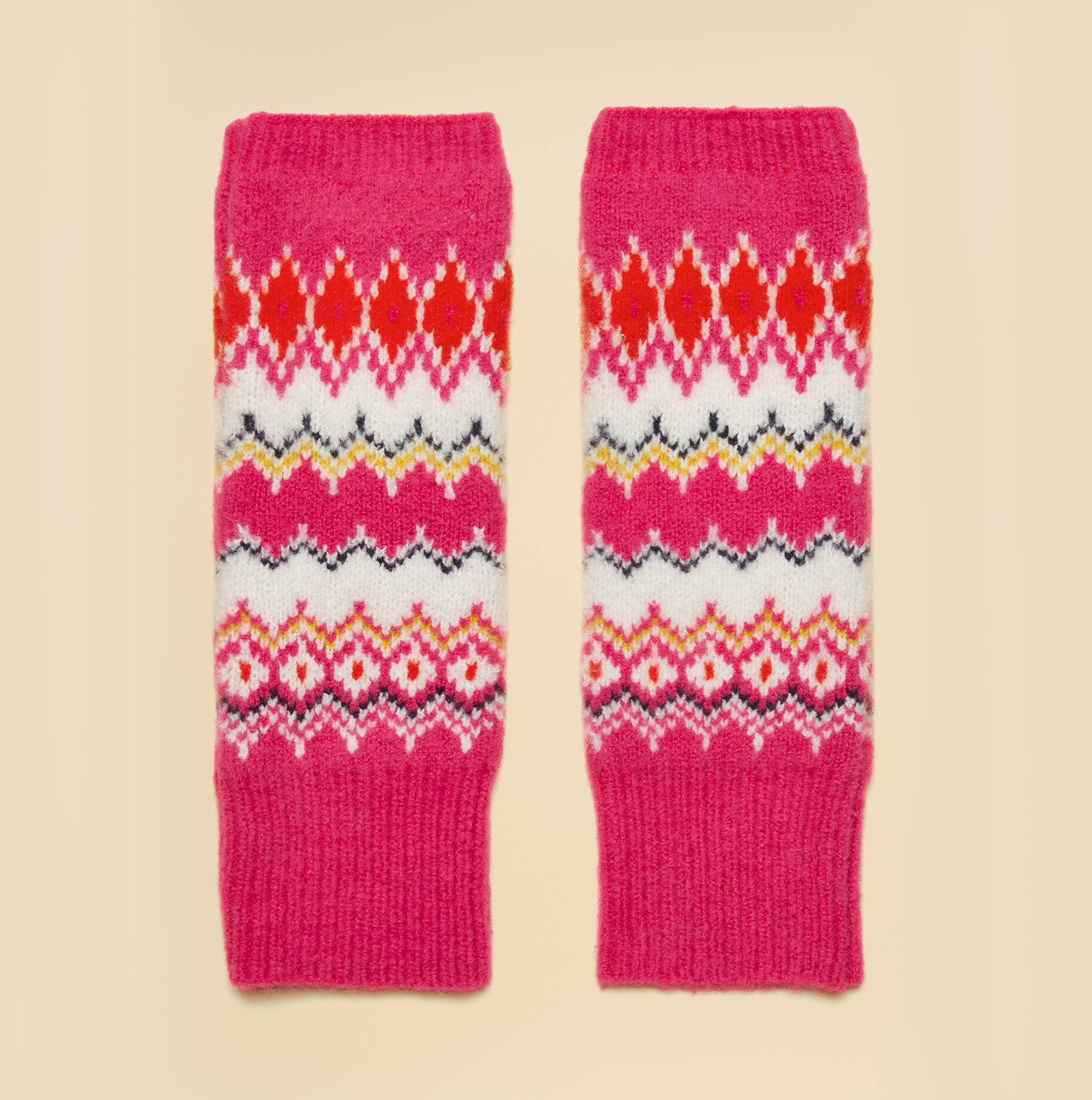 Joules KARA Fingerless Fairisle Glove Pink, front view showcasing vibrant fairisle pattern in pink and red.