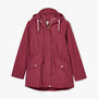 Joules PORTWELL Womens Raincoat Port front view showcasing adjustable hood, waist, and concealed zipper in burgundy color.