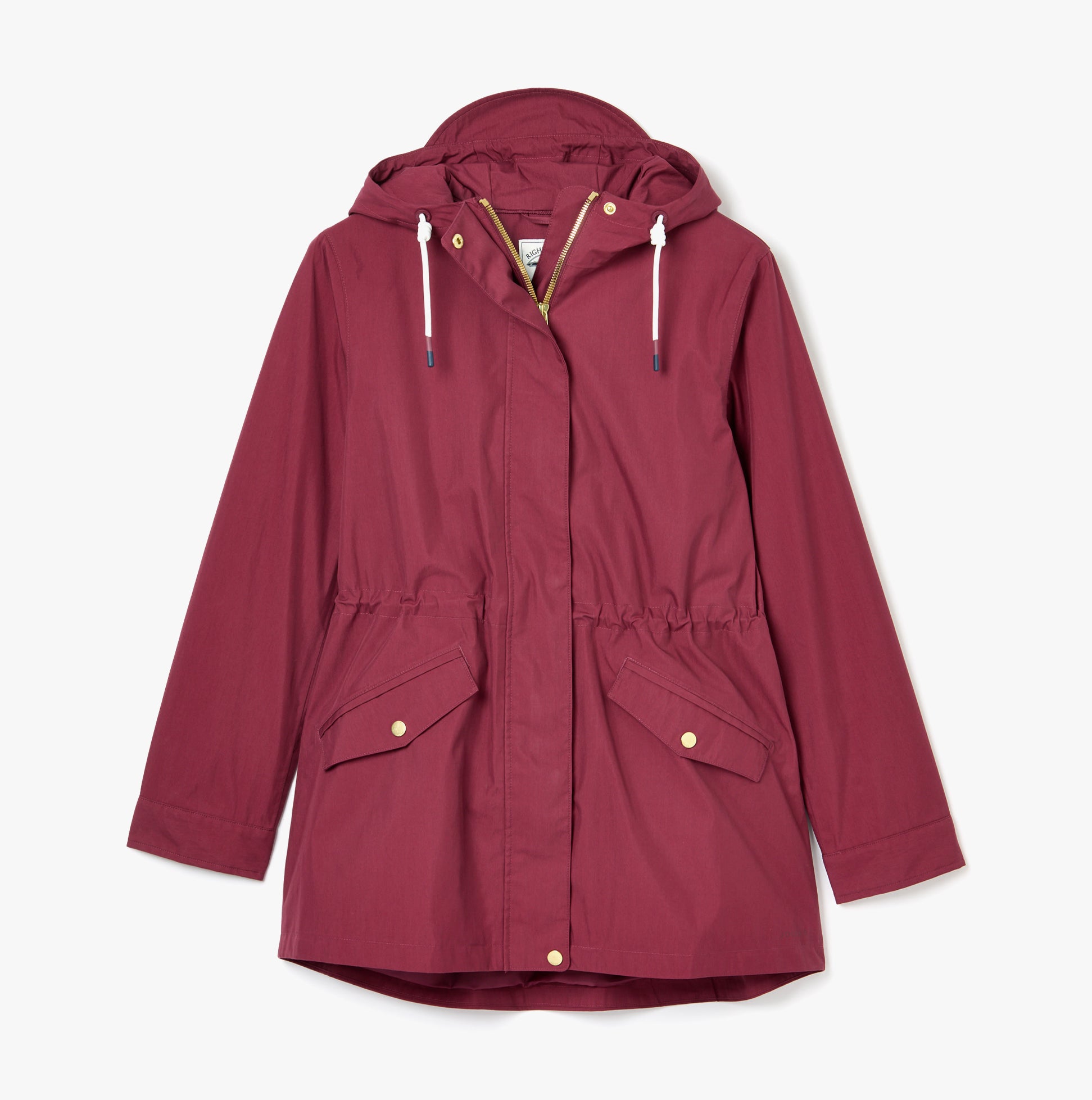 Joules PORTWELL Womens Raincoat Port front view showcasing adjustable hood, waist, and concealed zipper in burgundy color.
