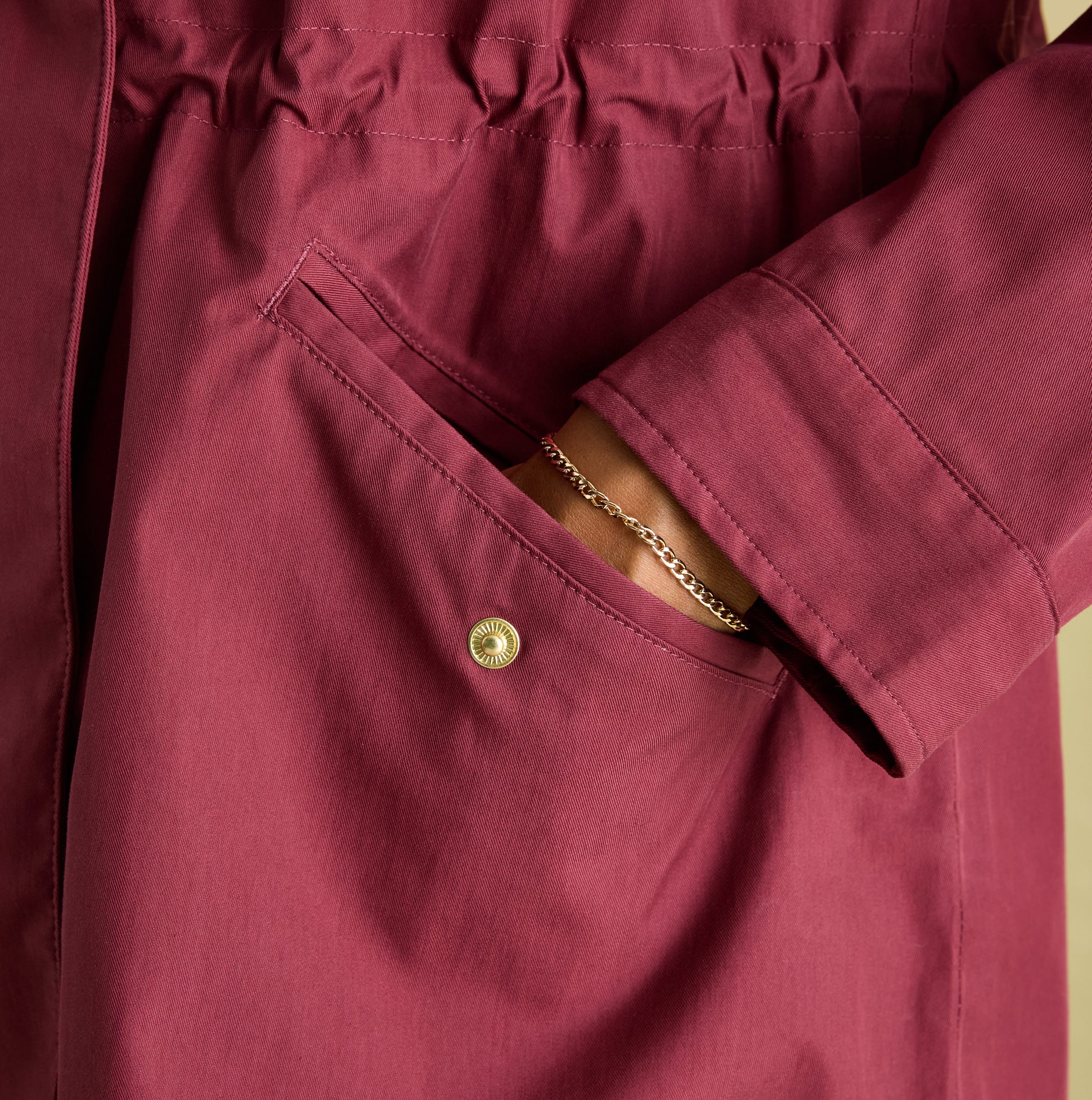 Joules PORTWELL Womens Raincoat Port detail view showcasing pocket and button.