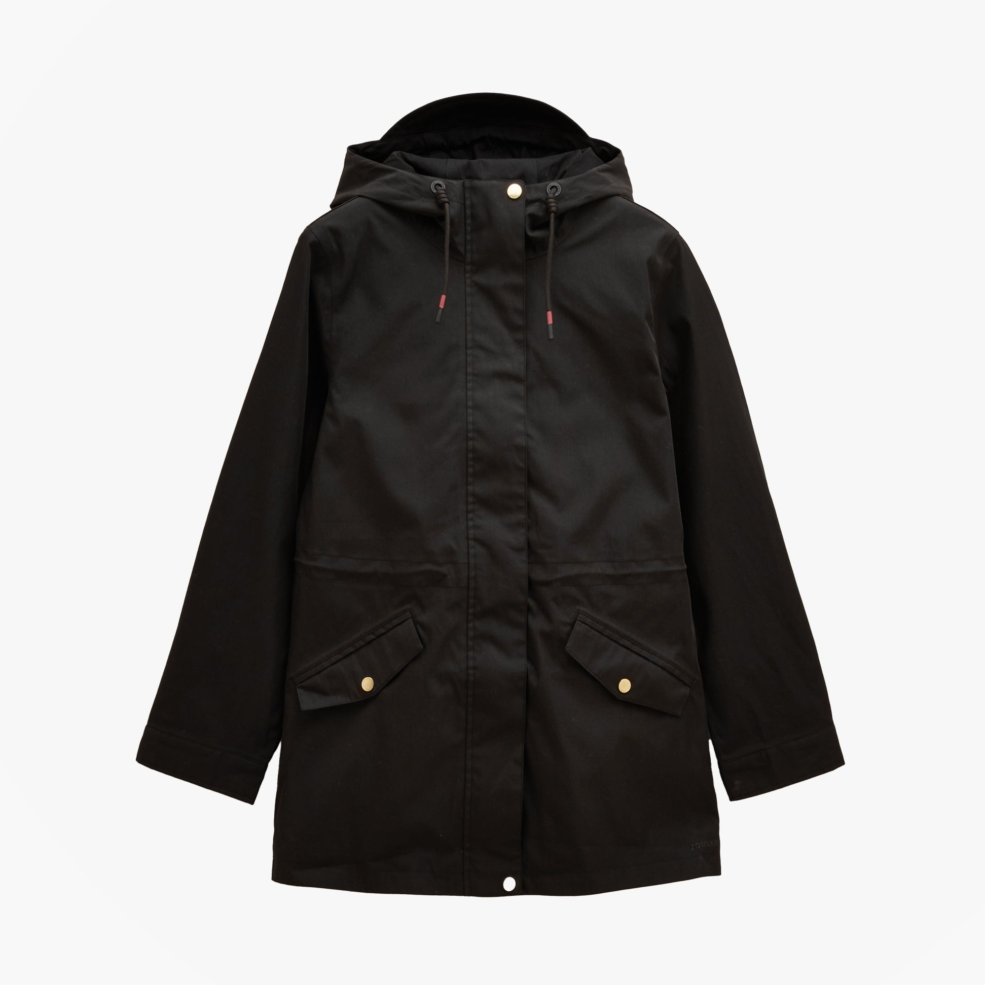 Joules PORTWELL Waterproof Hoodie Raincoat With Adjustable Waist Black front view with hood and pockets