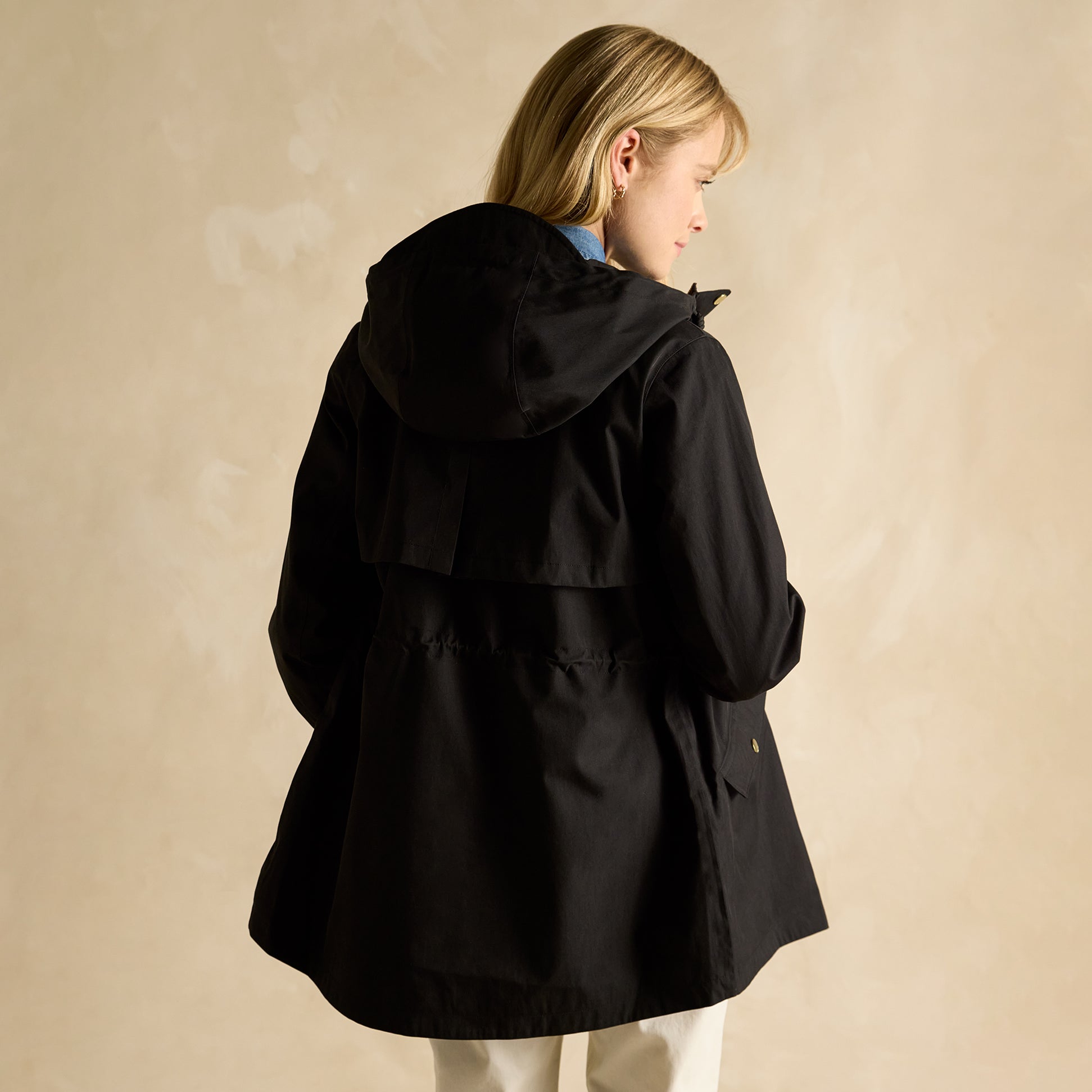 Joules PORTWELL Waterproof Hoodie Raincoat With Adjustable Waist Black back view showcasing adjustable waist and hood
