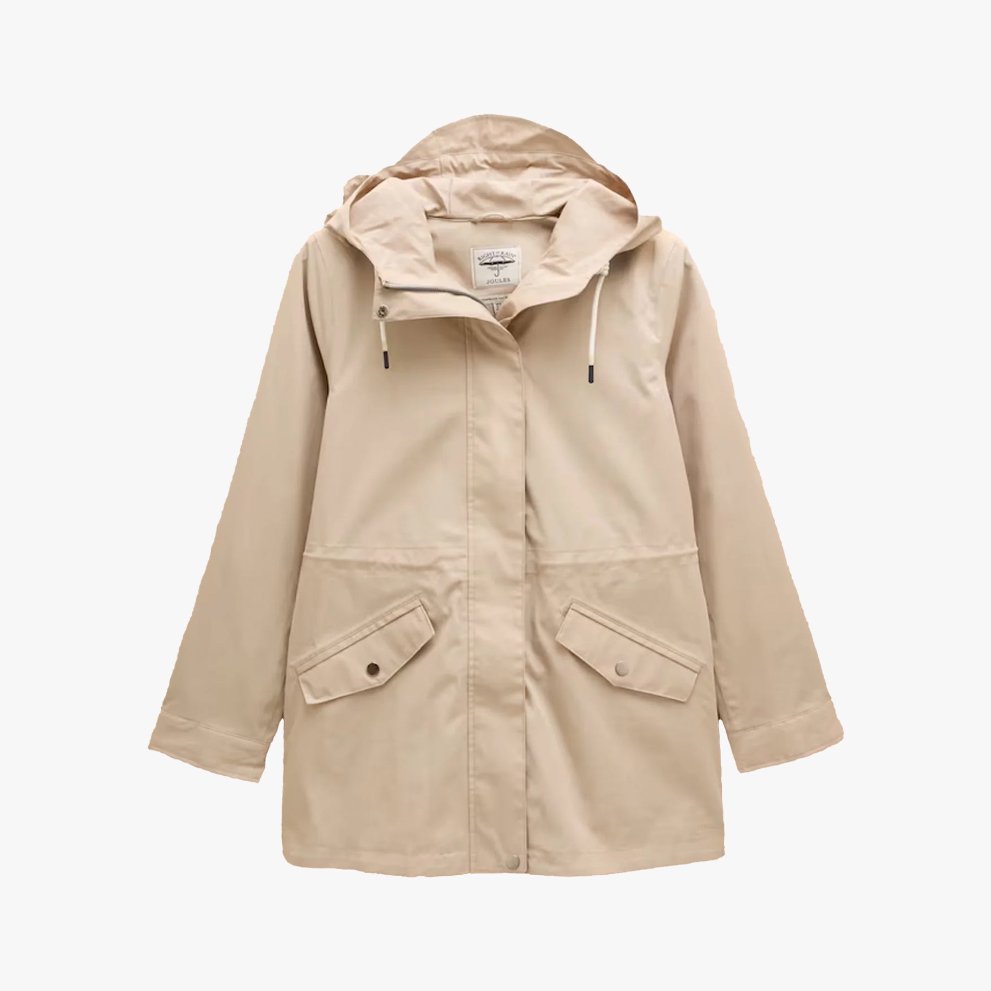 Joules PORTWELL Waterproof Hoodie Raincoat With Adjustable Waist Neutral front view showing hood and pockets.