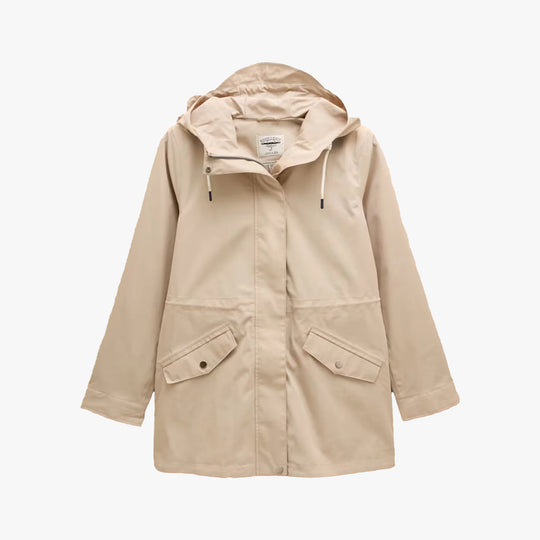 Joules PORTWELL Waterproof Hoodie Raincoat With Adjustable Waist Neutral front view showing hood and pockets.