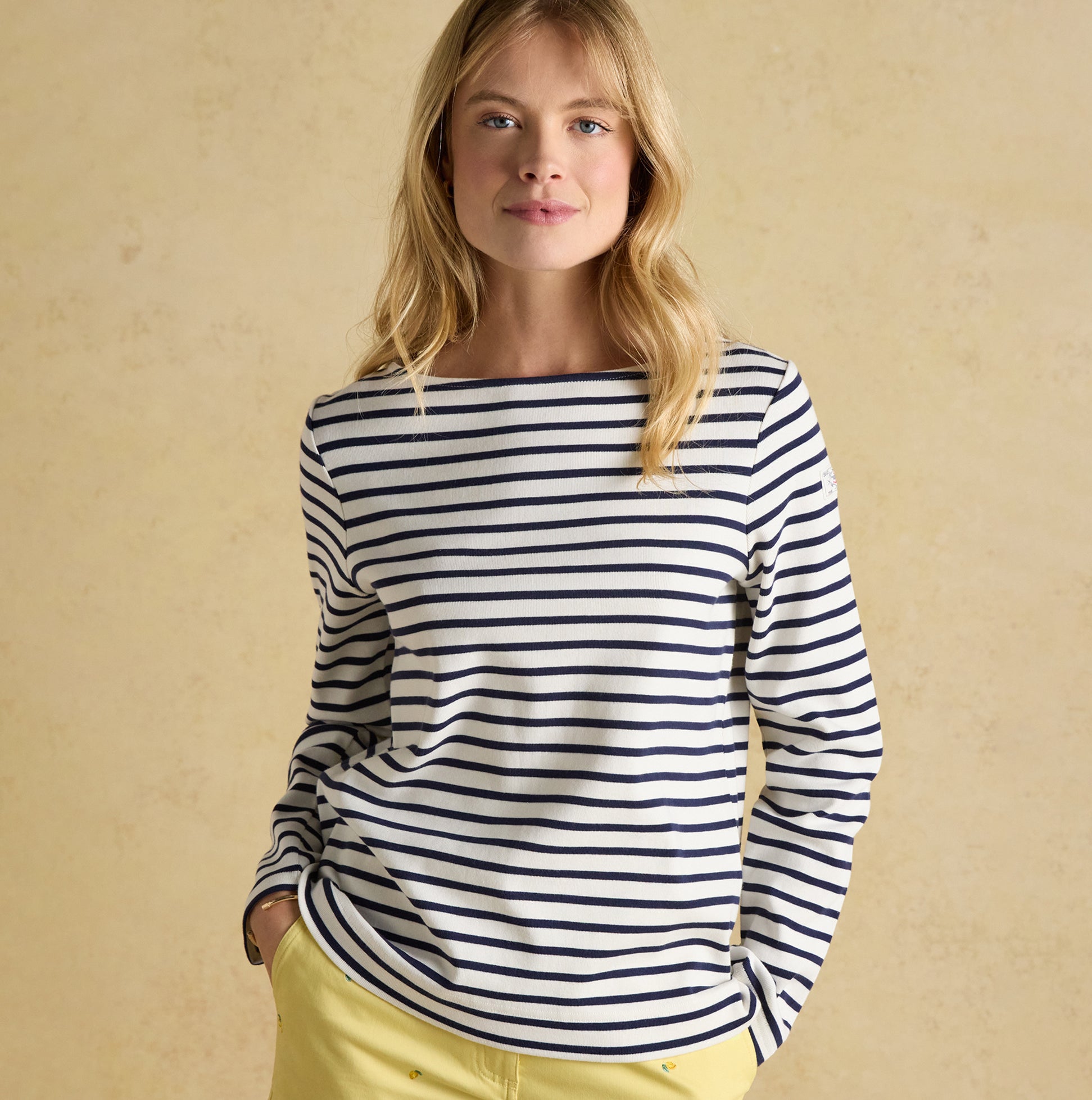 Joules HARBOUR Boat Neck 100% Cotton Breton Top Cream/Navy Stripe front view.