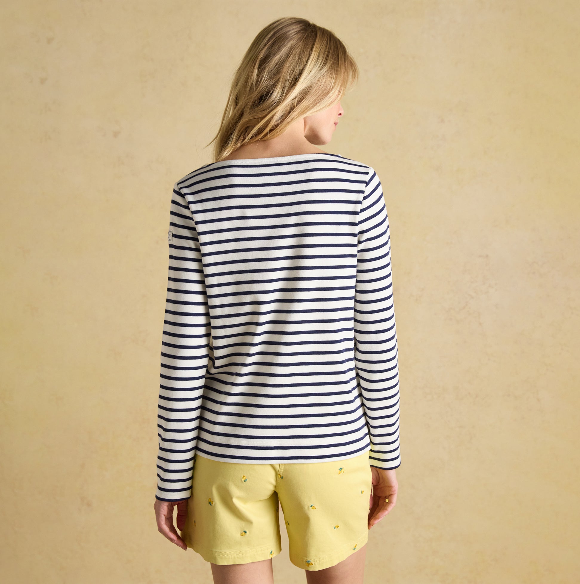 Joules HARBOUR Boat Neck 100% Cotton Breton Top Cream/Navy Stripe back view, showcasing navy and cream stripes.