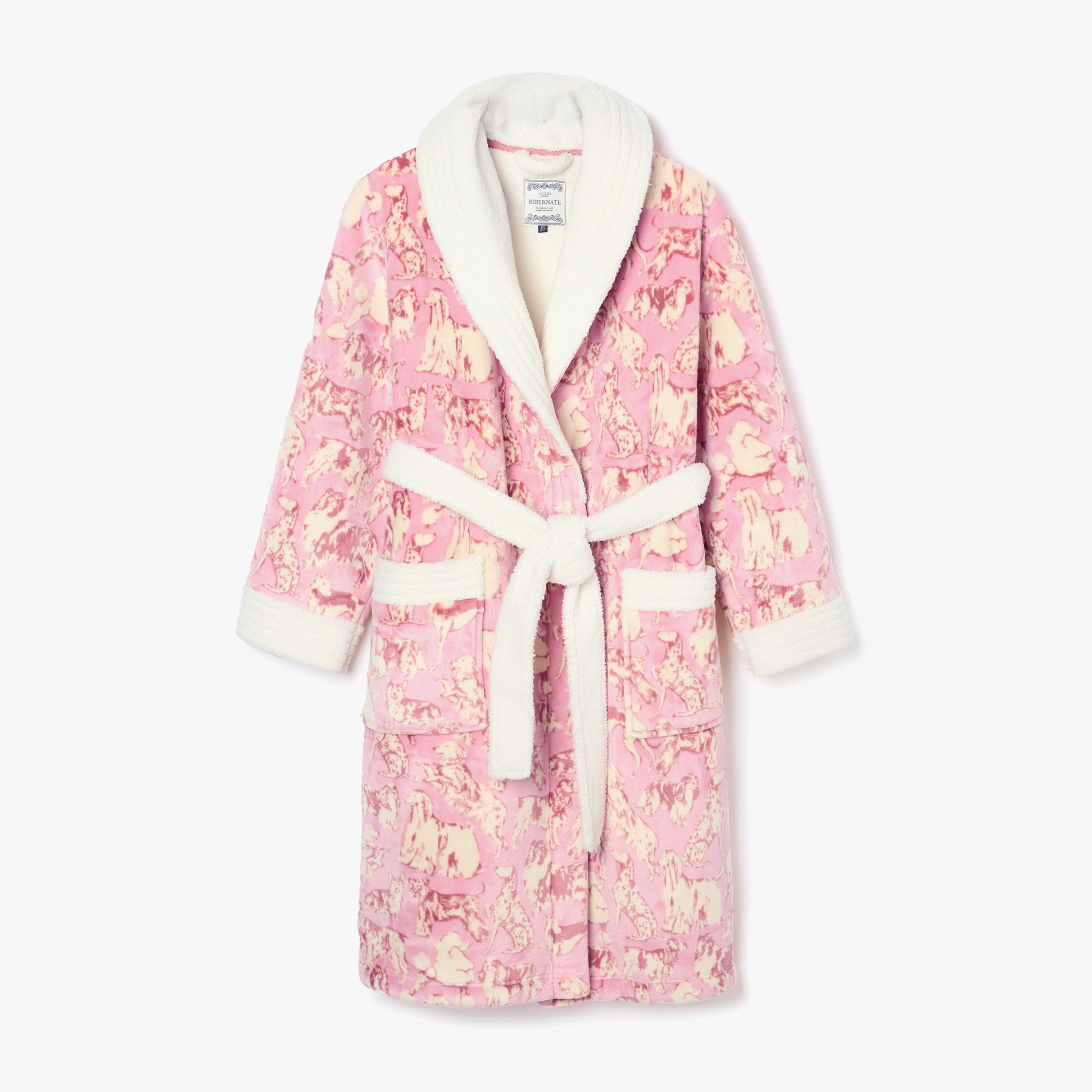 Joules MATILDA Womens Night Gown Pink Dogs front view with borg fleece lapel collar and two patch pockets.