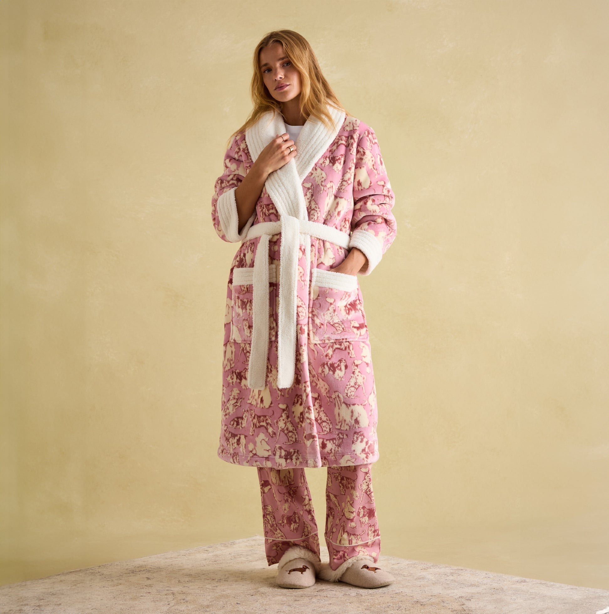 Joules MATILDA Womens Night Gown Pink Dogs, front view, showcasing pink dog print, borg fleece collar, and patch pockets.