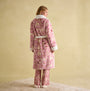 Joules MATILDA Womens Night Gown Pink Dogs back view showing borg fleece collar and cuffs, with waist tie and patch pockets.