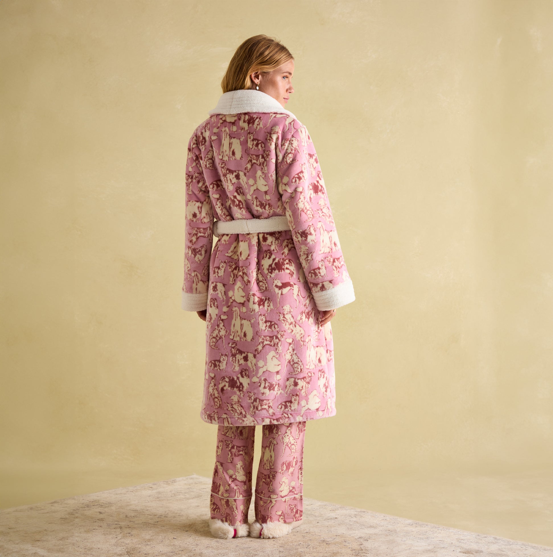 Joules MATILDA Womens Night Gown Pink Dogs back view showing borg fleece collar and cuffs, with waist tie and patch pockets.