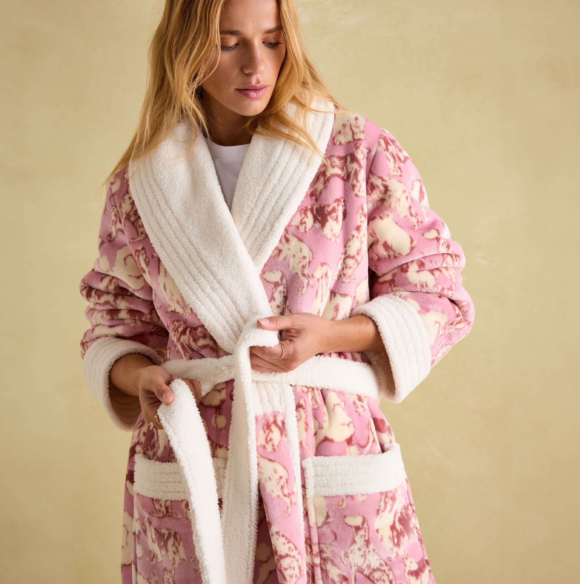 Joules MATILDA Womens Night Gown Pink Dogs front view showing cozy design, Borg fleece collar, and waist tie.