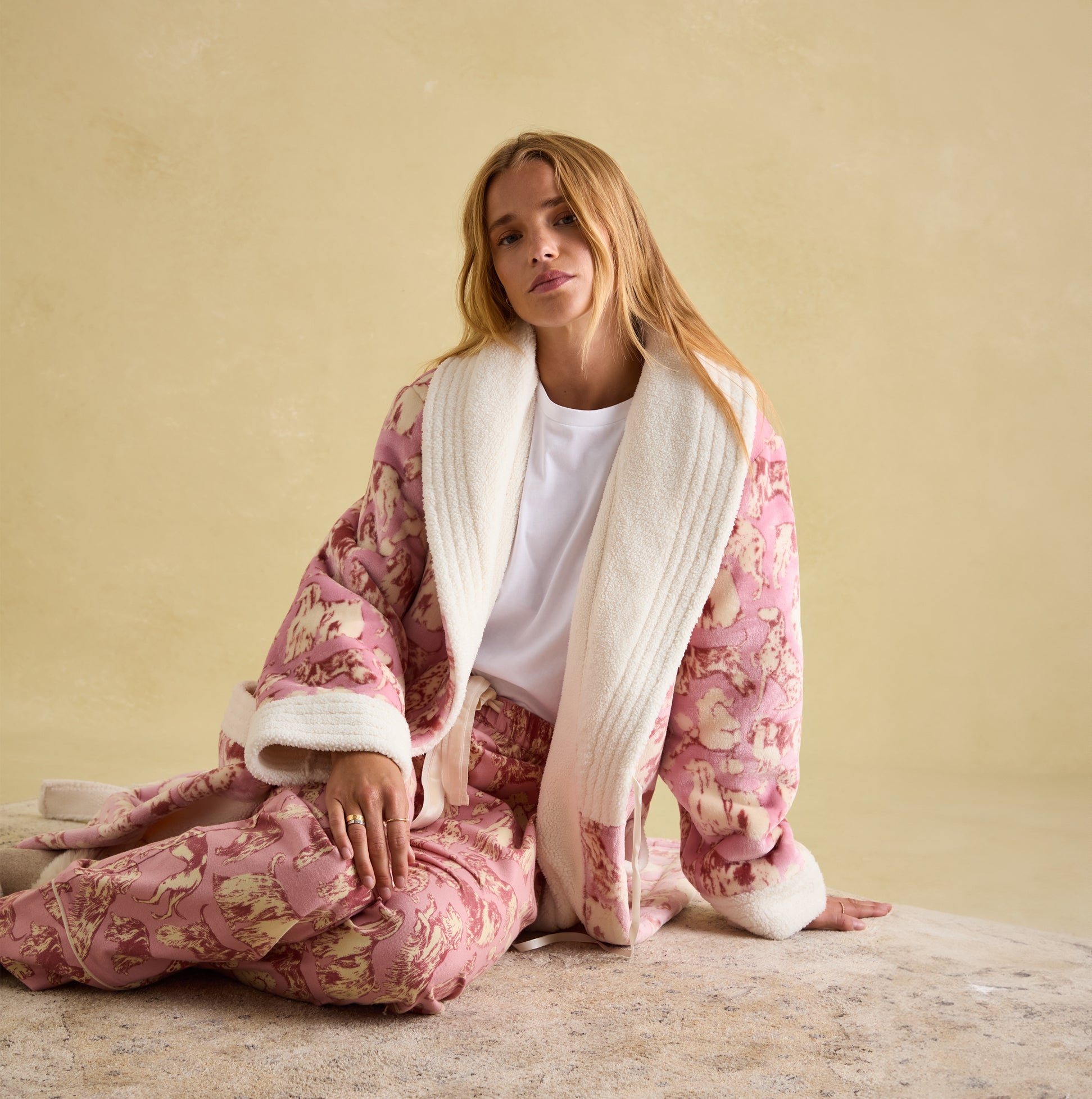 Joules MATILDA Womens Night Gown Pink Dogs front view showing comfortable design with long sleeves and borg fleece collar.