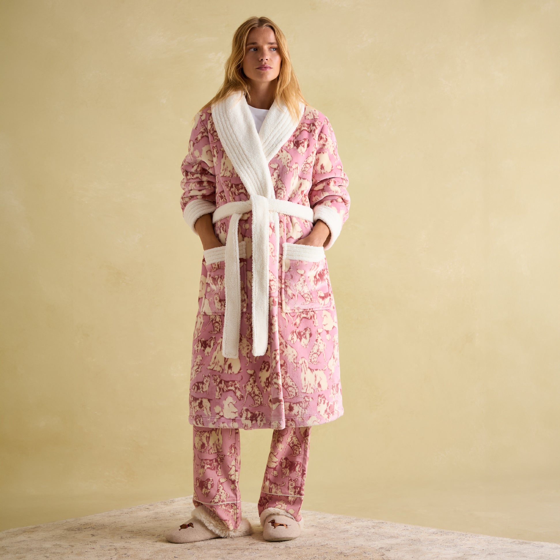 Joules MATILDA Womens Night Gown Pink Dogs front view showcasing the Borg fleece lapel collar and waist tie.
