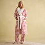 Joules MATILDA Womens Night Gown Pink Dogs front view showcasing the Borg fleece lapel collar and waist tie.