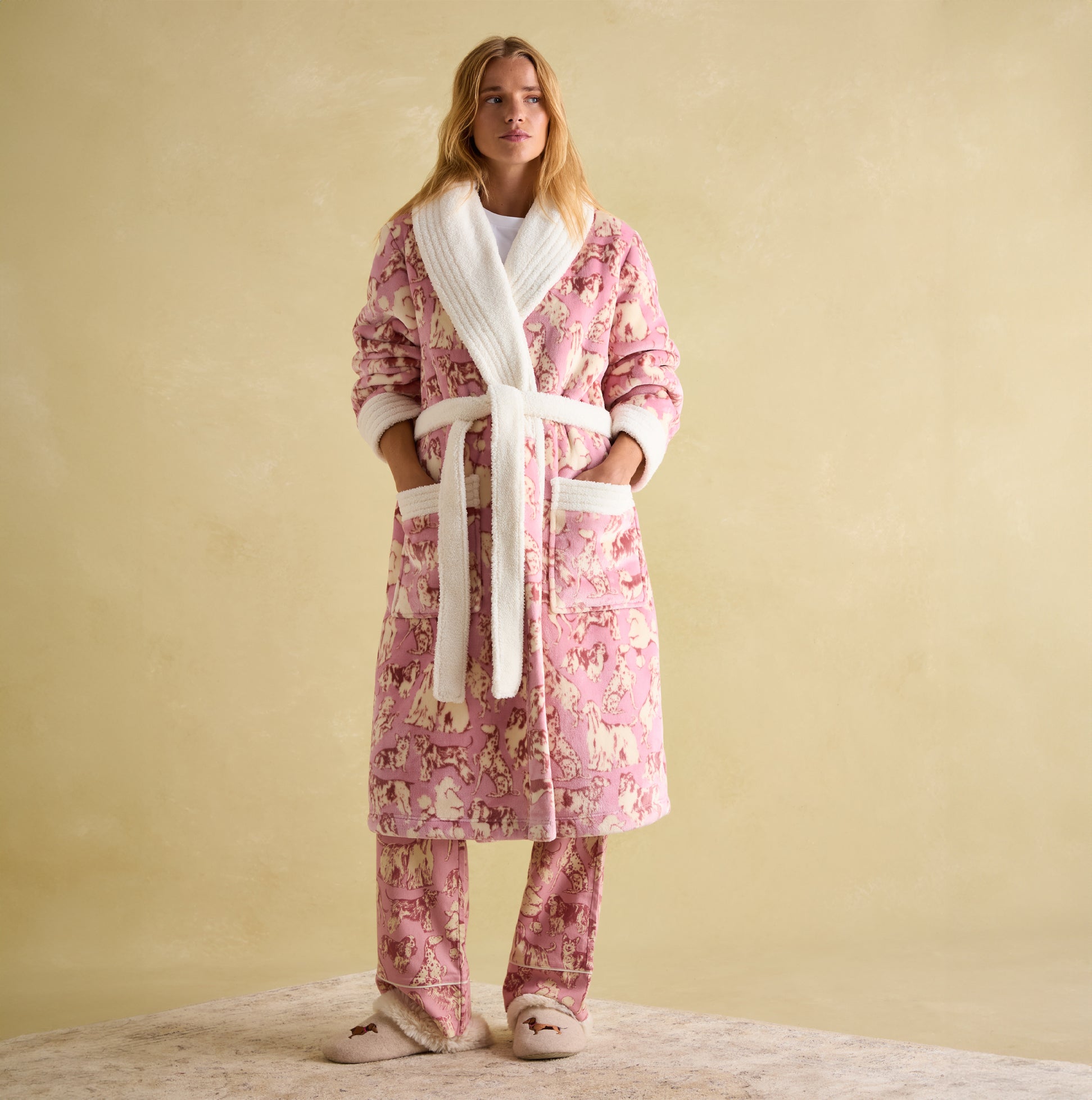 Joules MATILDA Womens Night Gown Pink Dogs front view showcasing the Borg fleece lapel collar and waist tie.