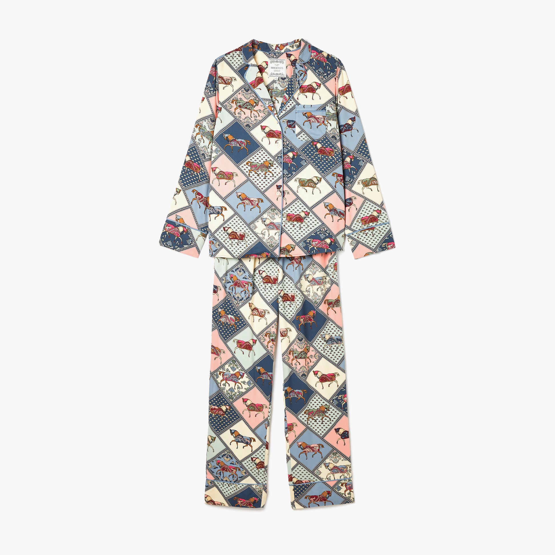 Joules ALMA Womens Pyjama Set Horse Multi front view showing long sleeves, patch pocket, and horse design.