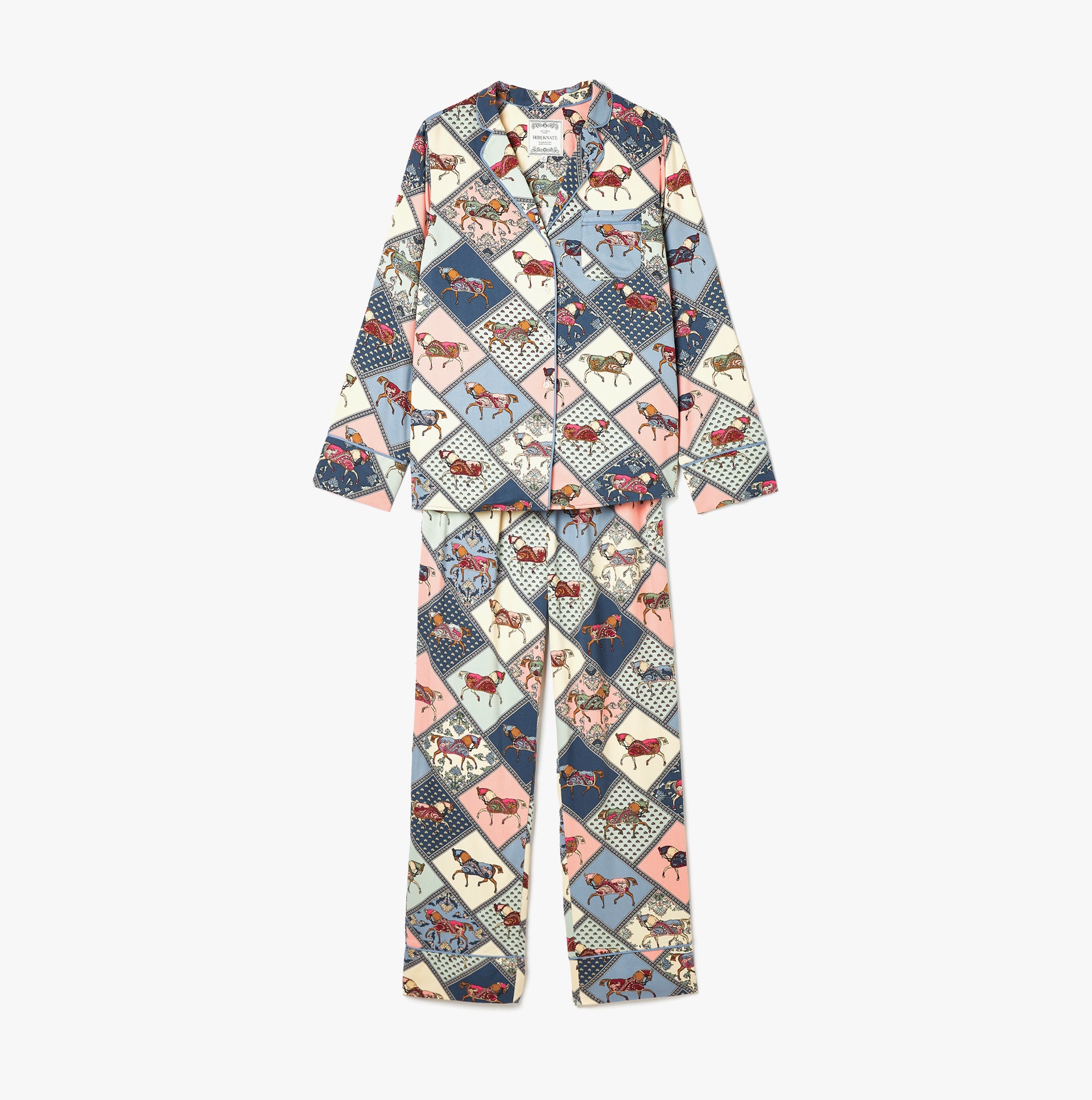 Joules ALMA Womens Pyjama Set Horse Multi front view showing long sleeves, patch pocket, and horse design.