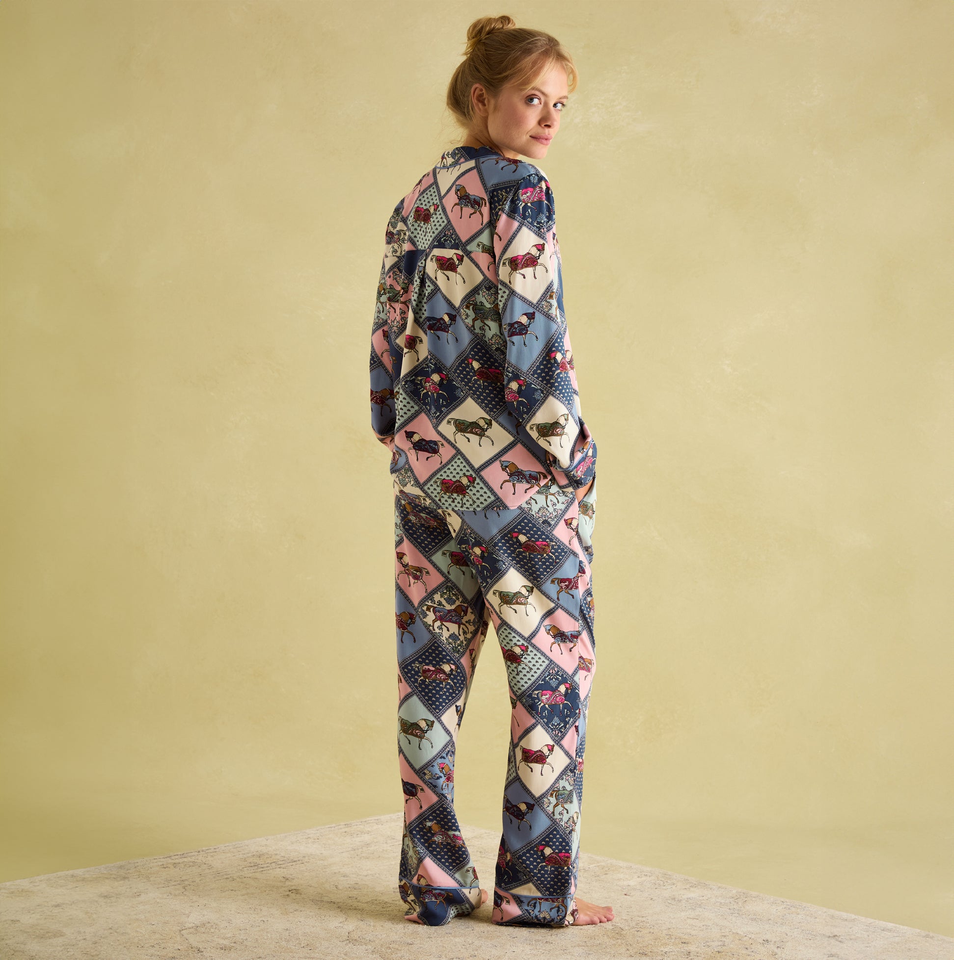 Joules ALMA Womens Pyjama Set Horse Multi back view featuring colorful horse patterns and a comfortable fit.