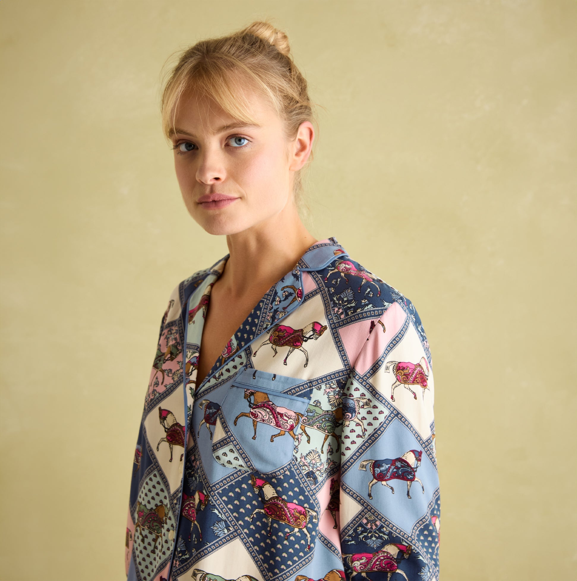 Joules ALMA Womens Pyjama Set Horse Multi front view featuring long sleeves and horse print design