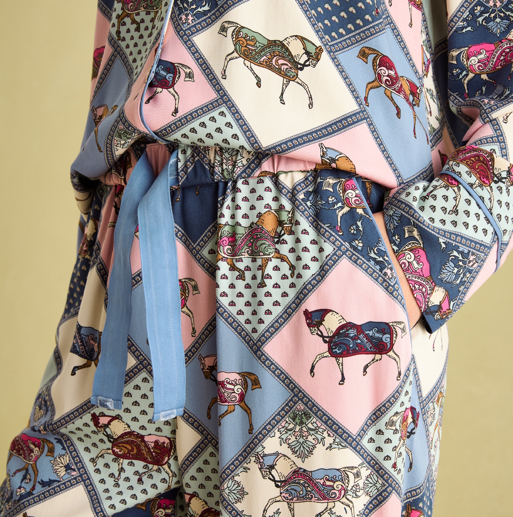 Joules ALMA Womens Pyjama Set Horse Multi detail view of waistband and pockets with horse print design.
