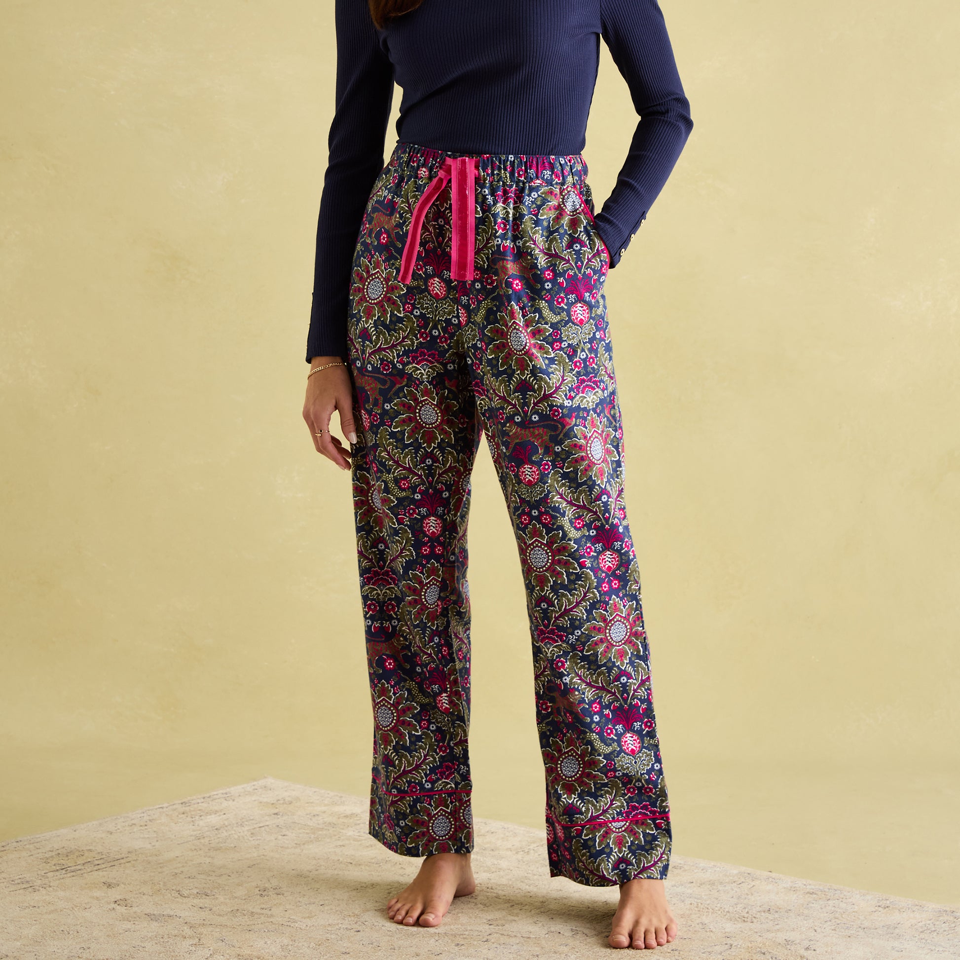 Joules STELLA Womens Pyjama Bottoms Damask front view featuring vibrant floral pattern and elasticated waist.