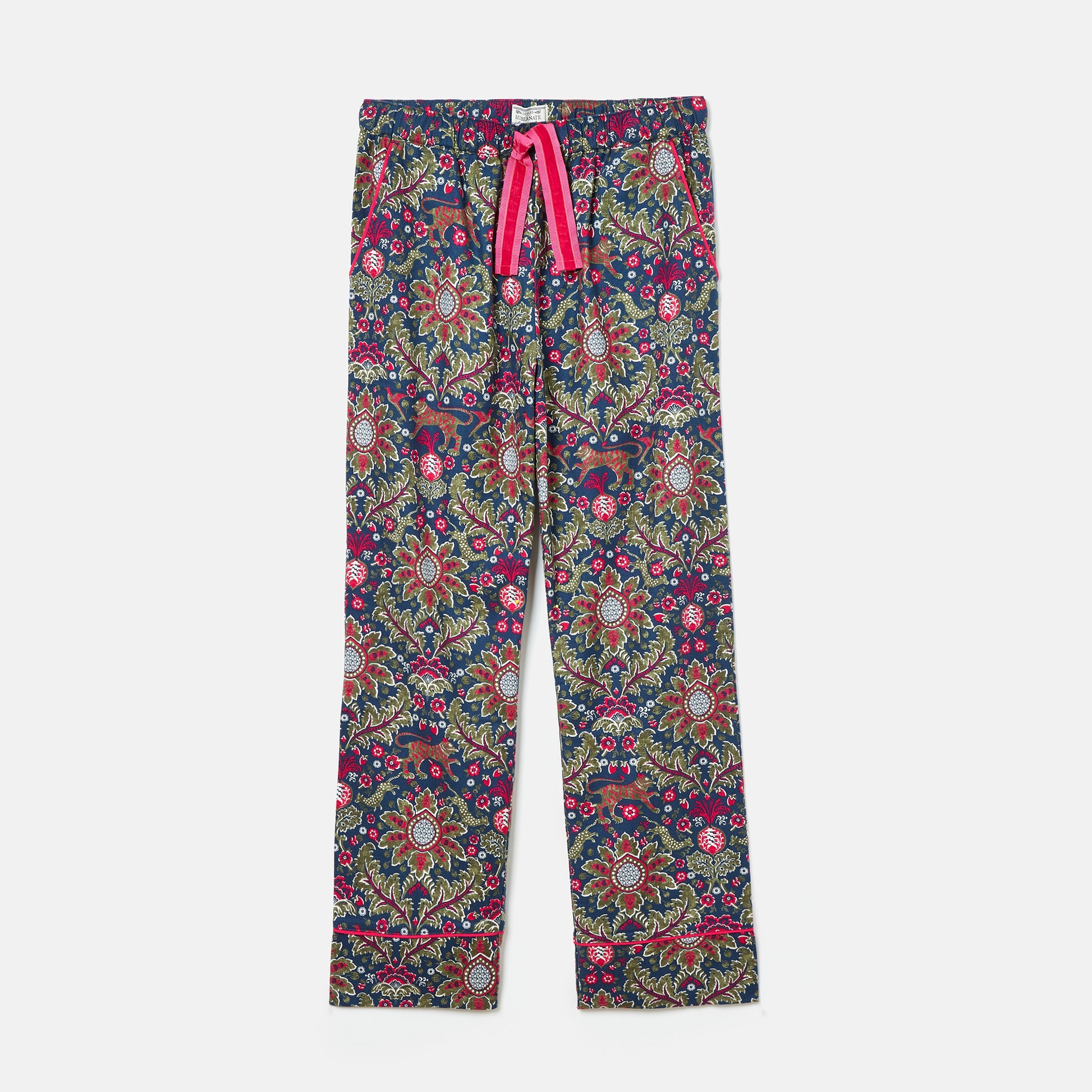 Joules STELLA Womens Pyjama Bottoms Damask front view showcasing hand-drawn floral print and pink drawstring.