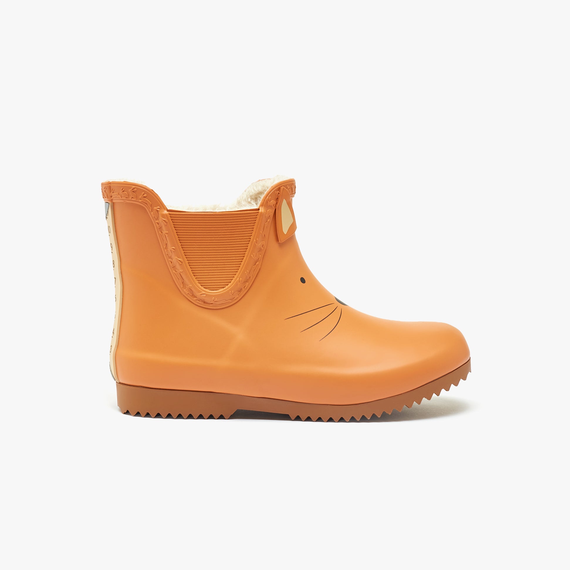 Joules RAINDANCE Girls Wellies Fox side view orange rubber ankle boots with fleece lining and pull-on design.