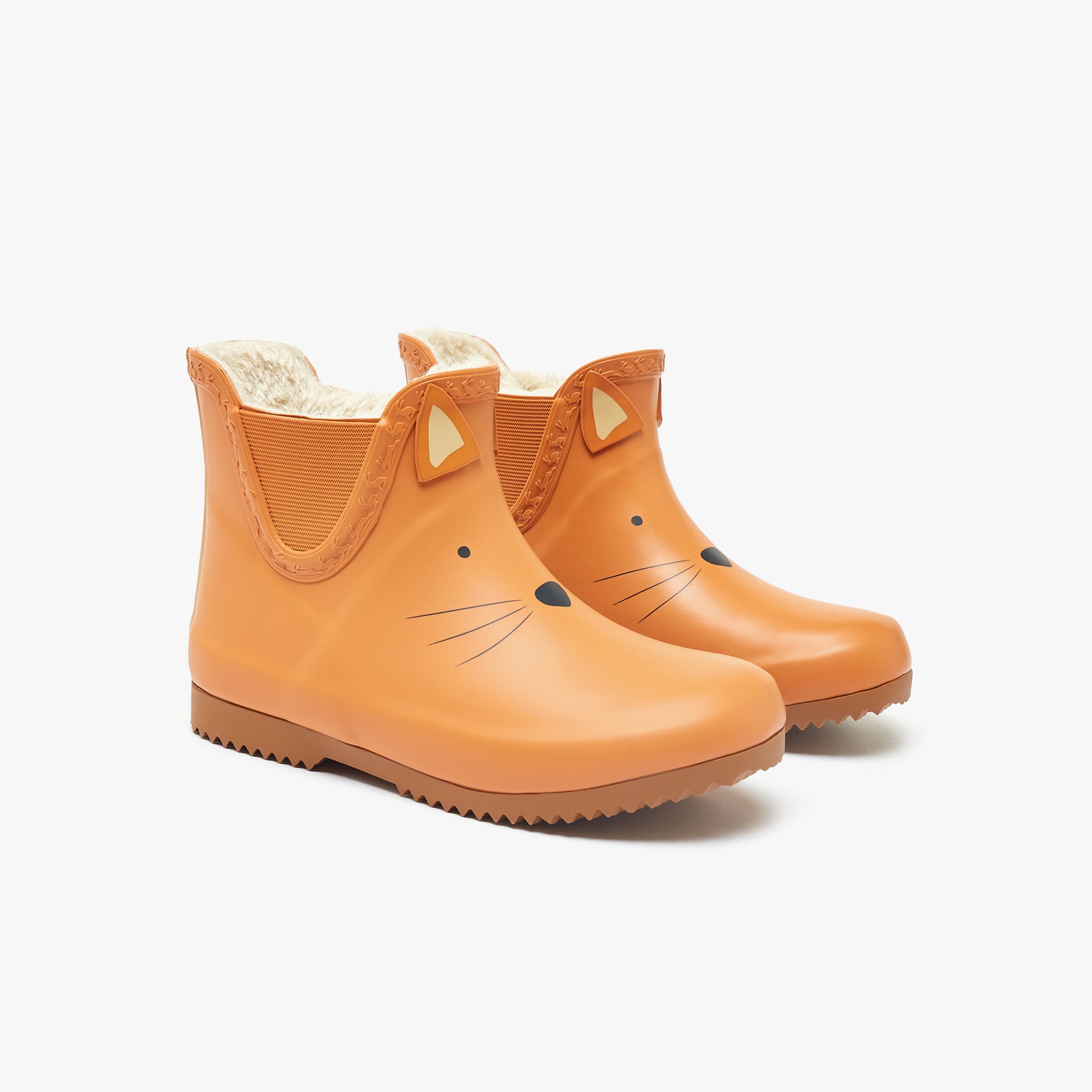 Joules RAINDANCE Girls Wellies Fox front view orange rubber boots with fleece lining and cat features