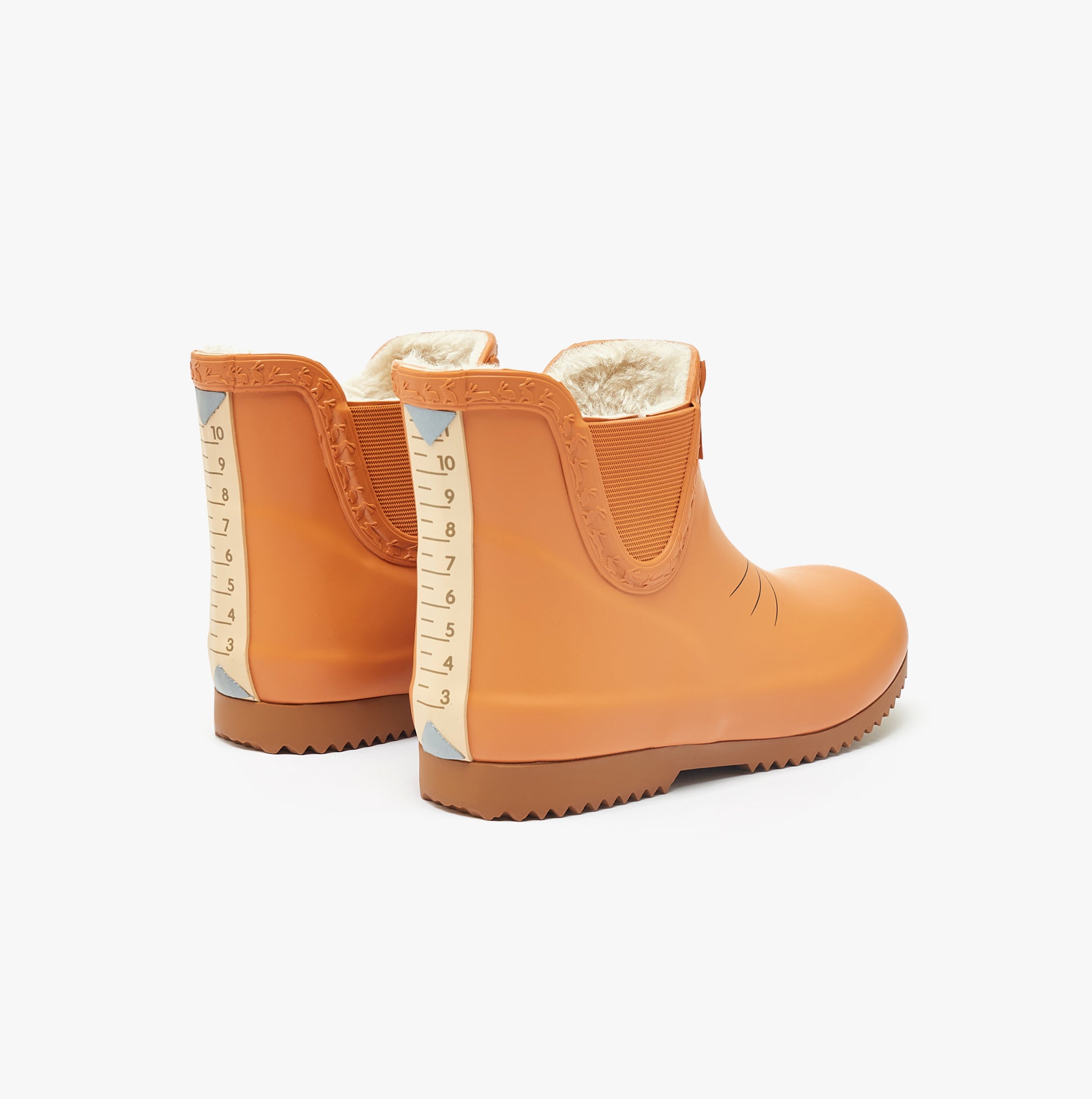 Joules RAINDANCE Girls Wellies Fox back view with measuring scale, orange rubber ankle boots with fleece lining.