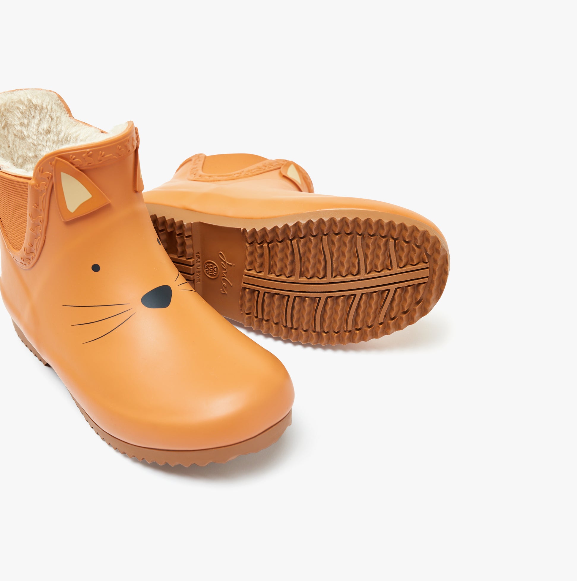 Joules RAINDANCE Girls Wellies Fox side view showing comfortable rubber ankle boots with cute fox design.
