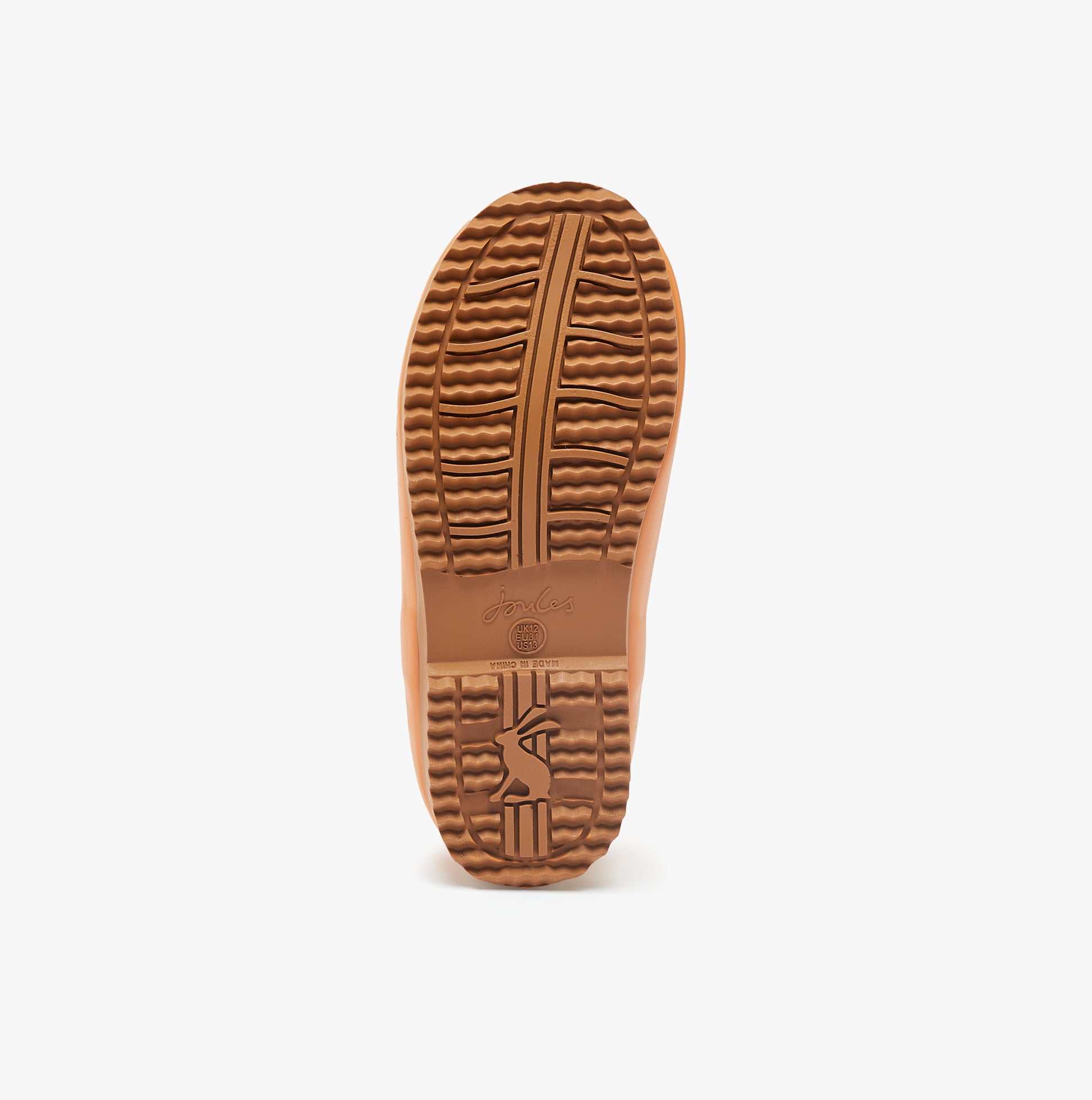 Joules RAINDANCE Girls Wellies Fox sole view, rubber outsole with detailed traction pattern for grip.
