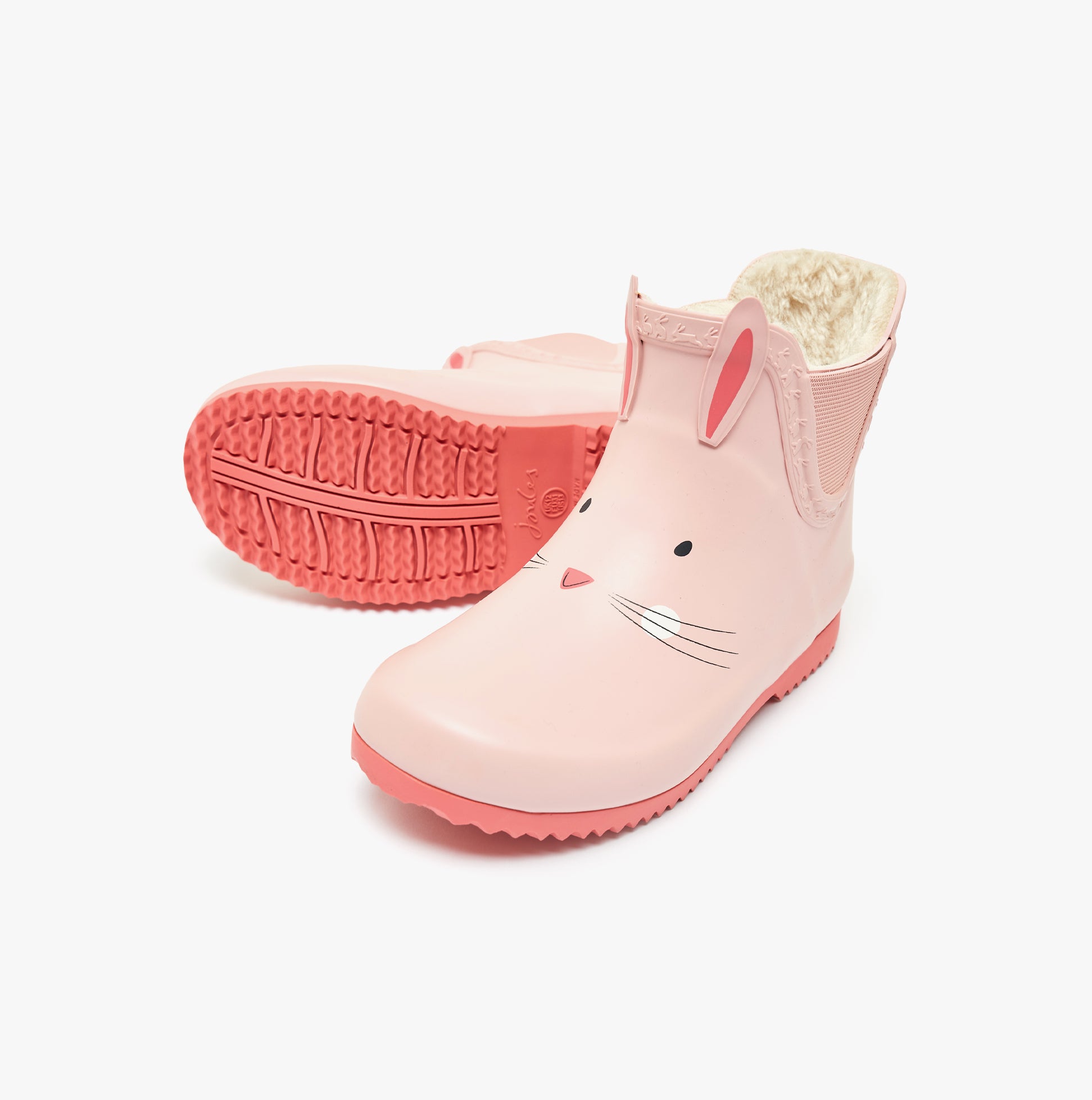 Joules RAINDANCE Girls Wellies Bunny side view with bunny face and pink rubber design, featuring fleece lining and pull-on style.