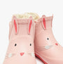 Joules RAINDANCE Girls Wellies Bunny detail view showing pink rubber wellies with bunny design and fleece lining.
