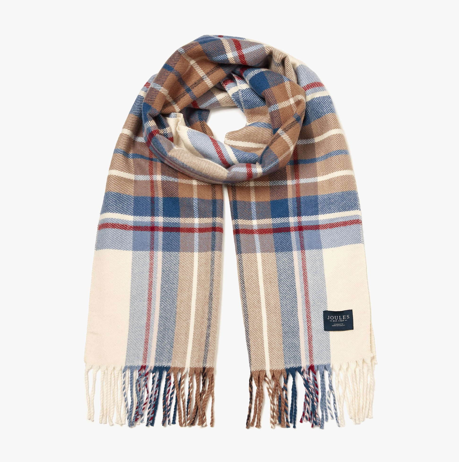 Joules LANGTREE Womens Scarf Cream Check front view, checked pattern with tasselled ends, Joules branded tab.