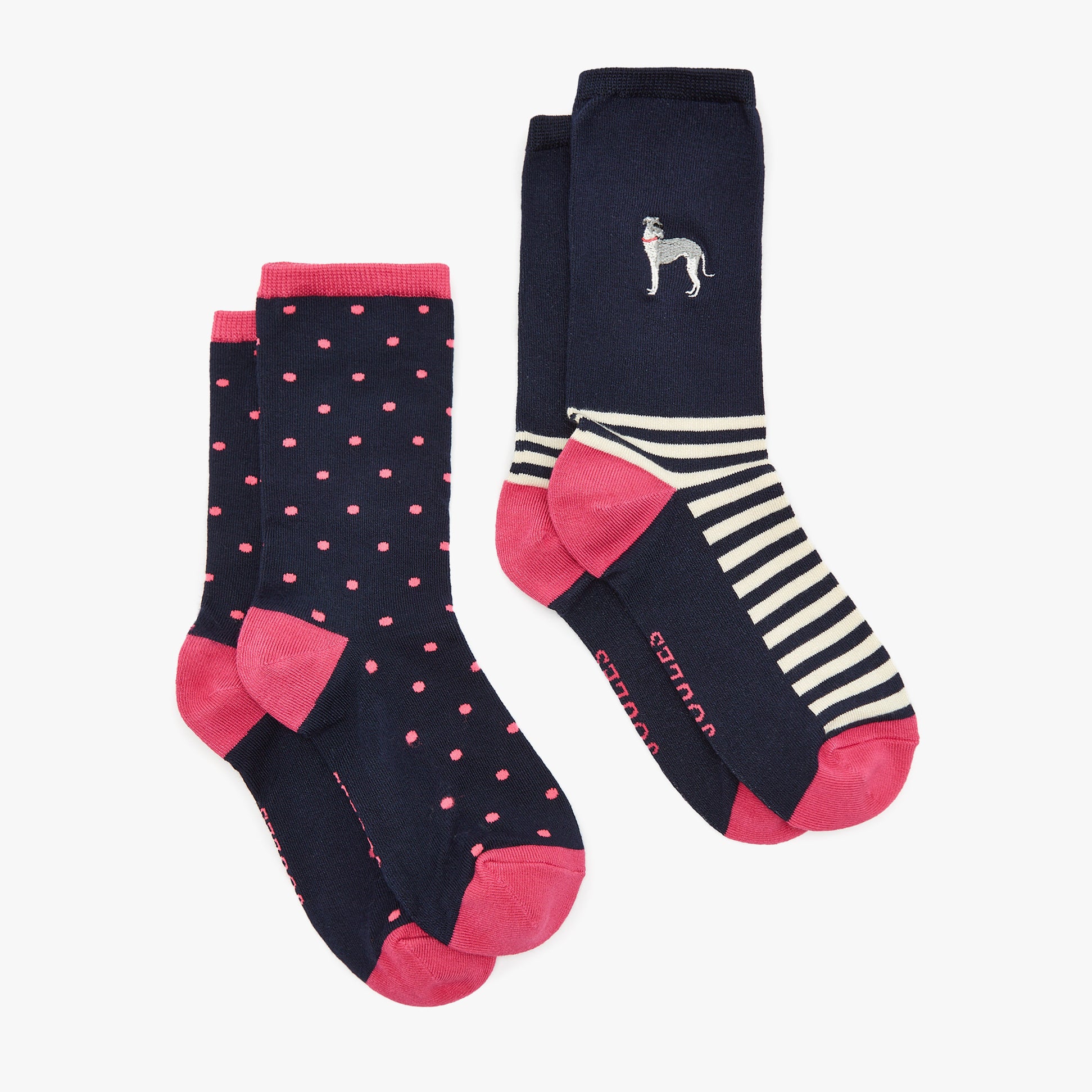 Joules EVERYDAY 2-Pack Womens Socks Navy Dog front view featuring polka dot and striped designs.