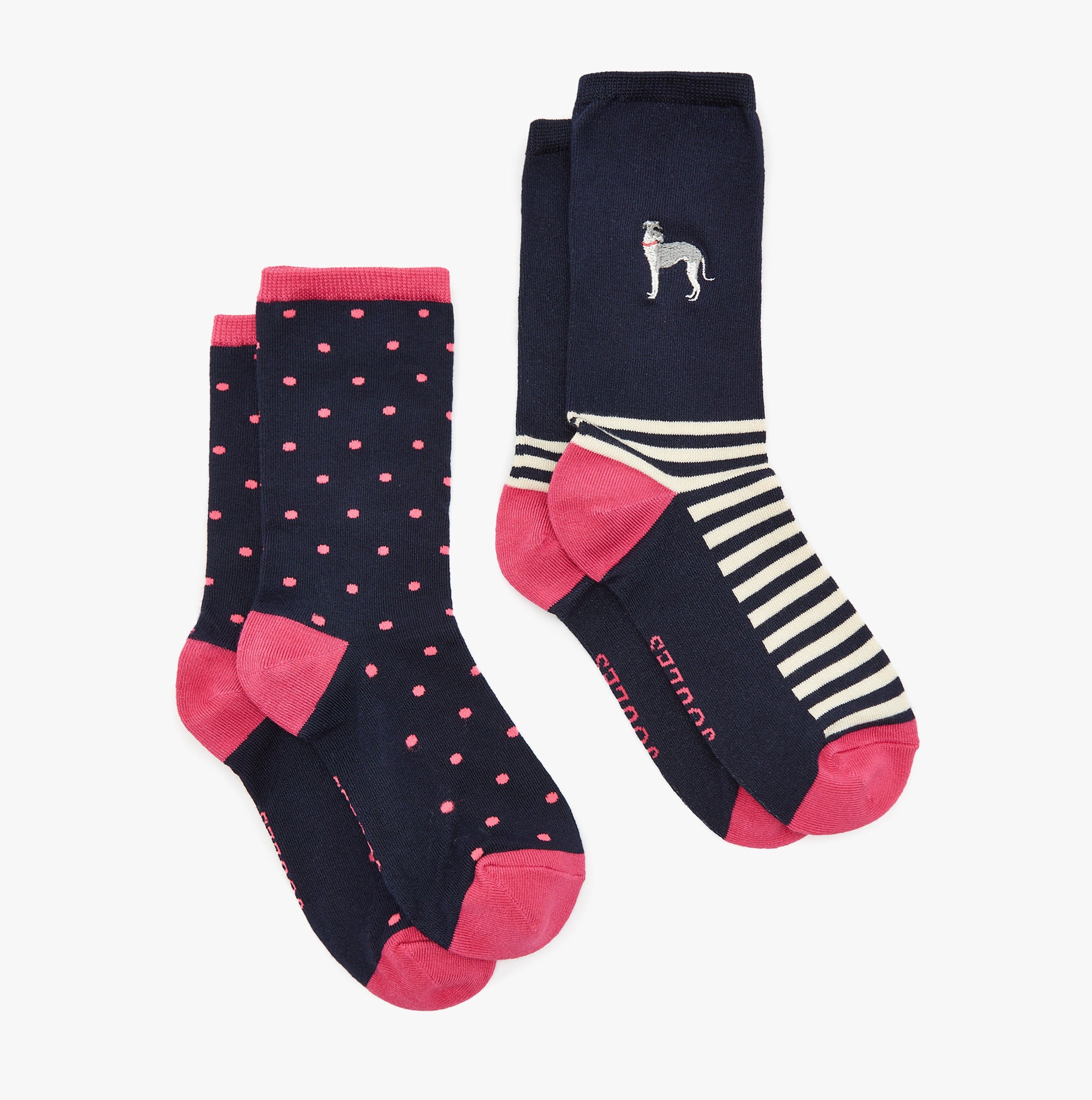 Joules EVERYDAY 2-Pack Womens Socks Navy Dog front view featuring polka dot and striped designs.