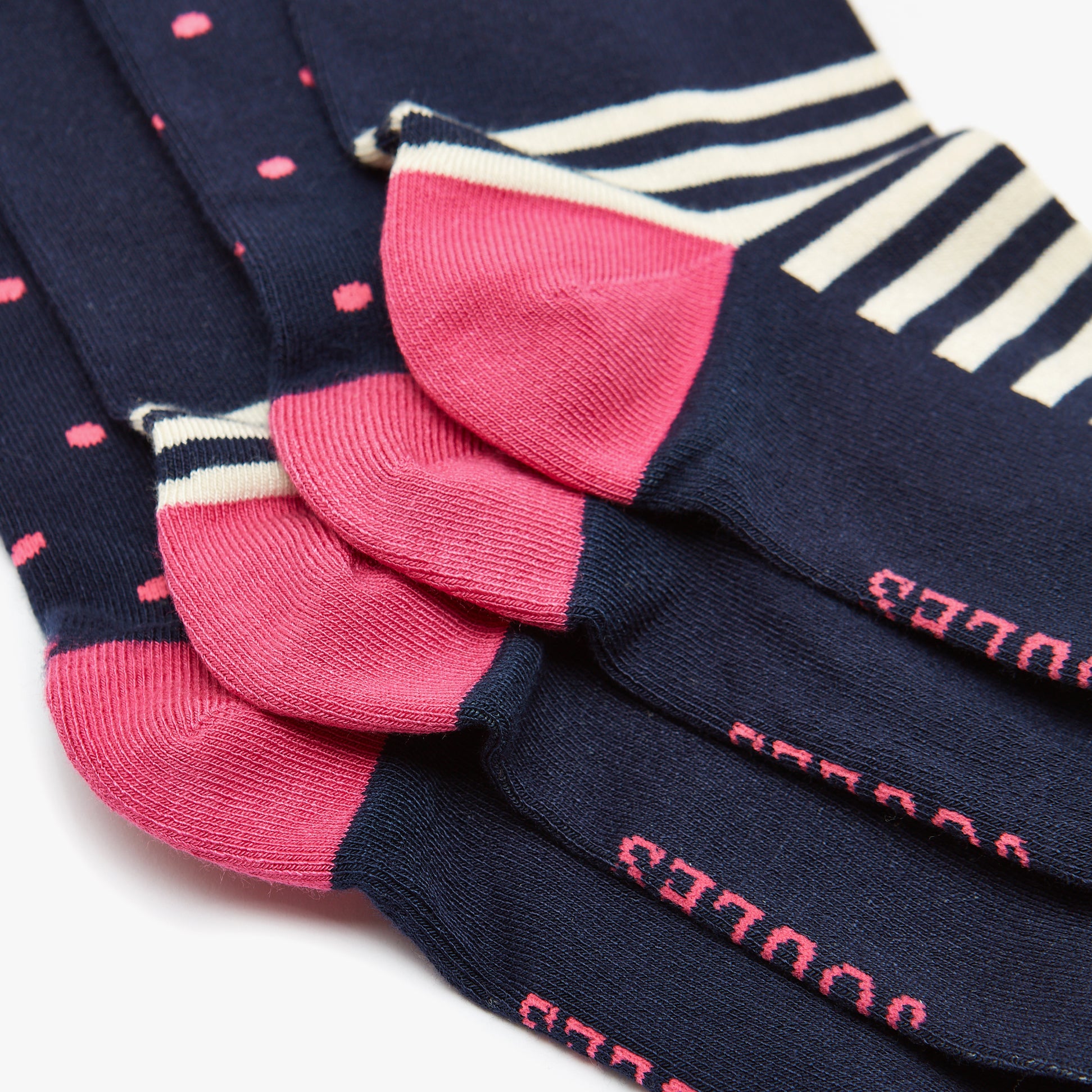 Joules EVERYDAY 2-Pack Womens Socks Navy Dog close-up view showing patterned and solid designs with pink details.