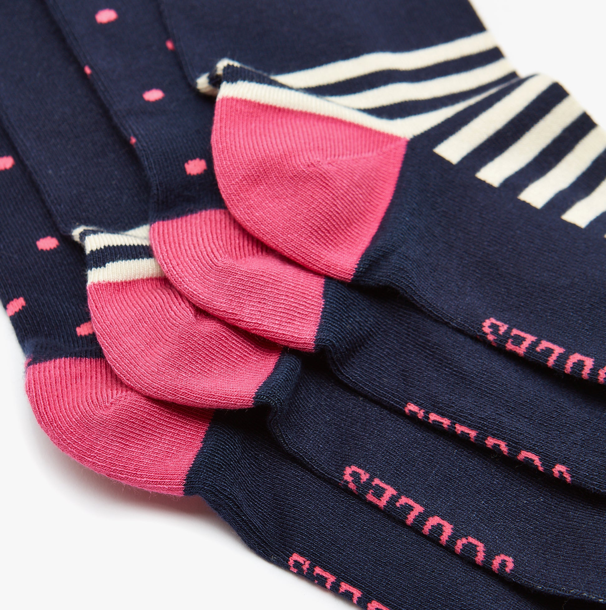 Joules EVERYDAY 2-Pack Womens Socks Navy Dog close-up view showing patterned and solid designs with pink details.